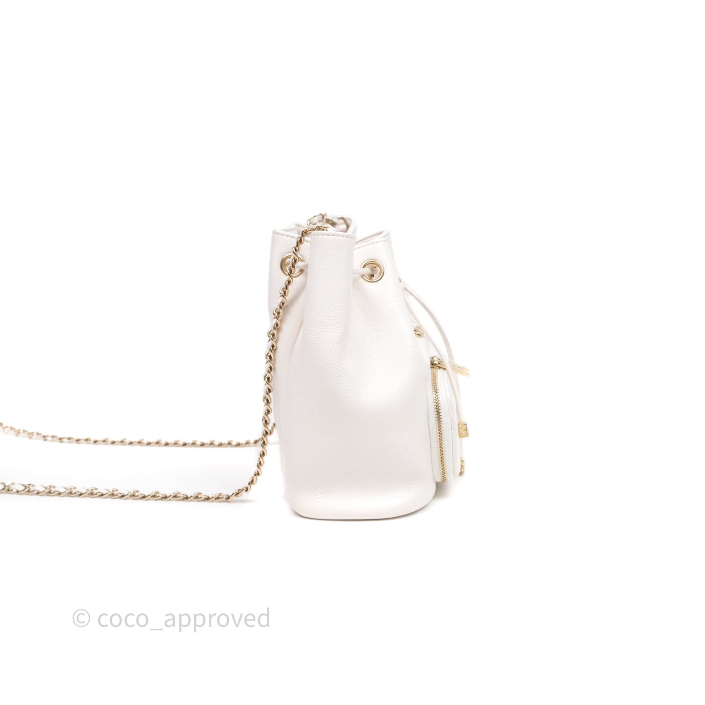 Chanel Business Affinity Drawstring Bucket Bag White Caviar Gold Hardware