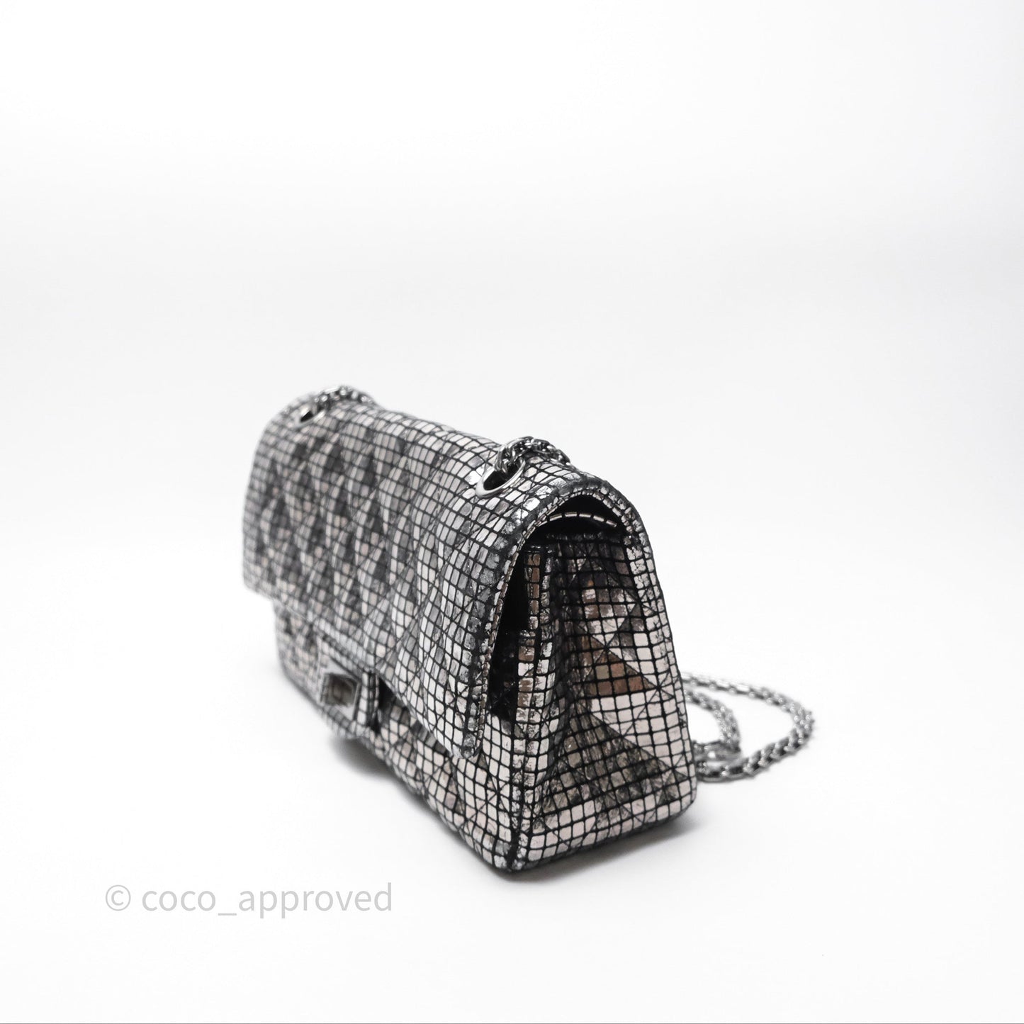 Chanel Mirror Reissue 2.55 Quilted Silver Suede Calfskin Gun Metal Hardware