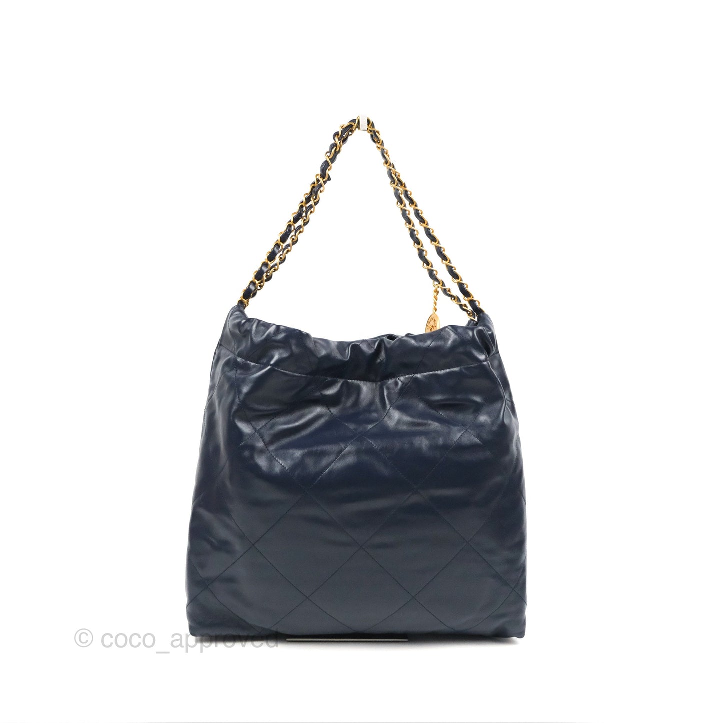 Chanel 22 Medium Navy Shiny Calfskin Aged Gold Hardware