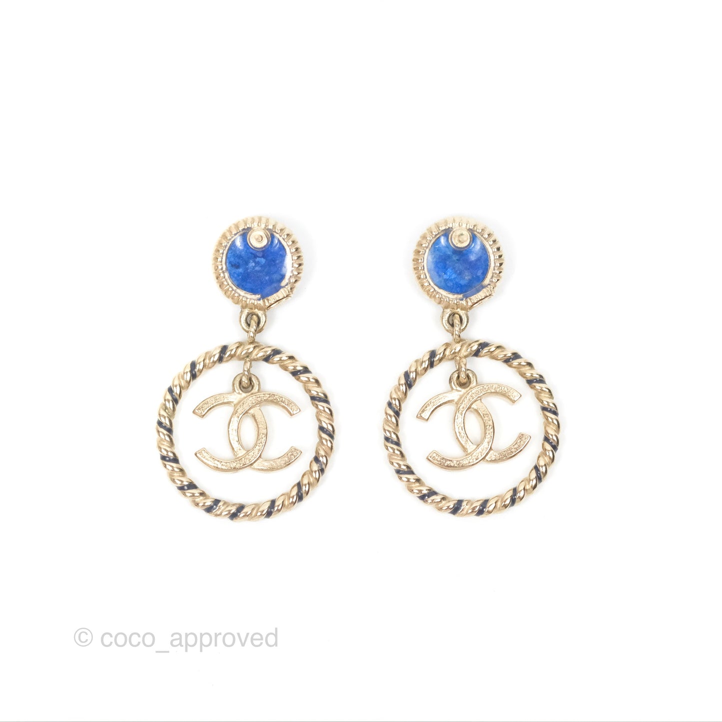 Chanel Round Blue Star Twist Circle White CC Drop Earrings Gold Tone 19C