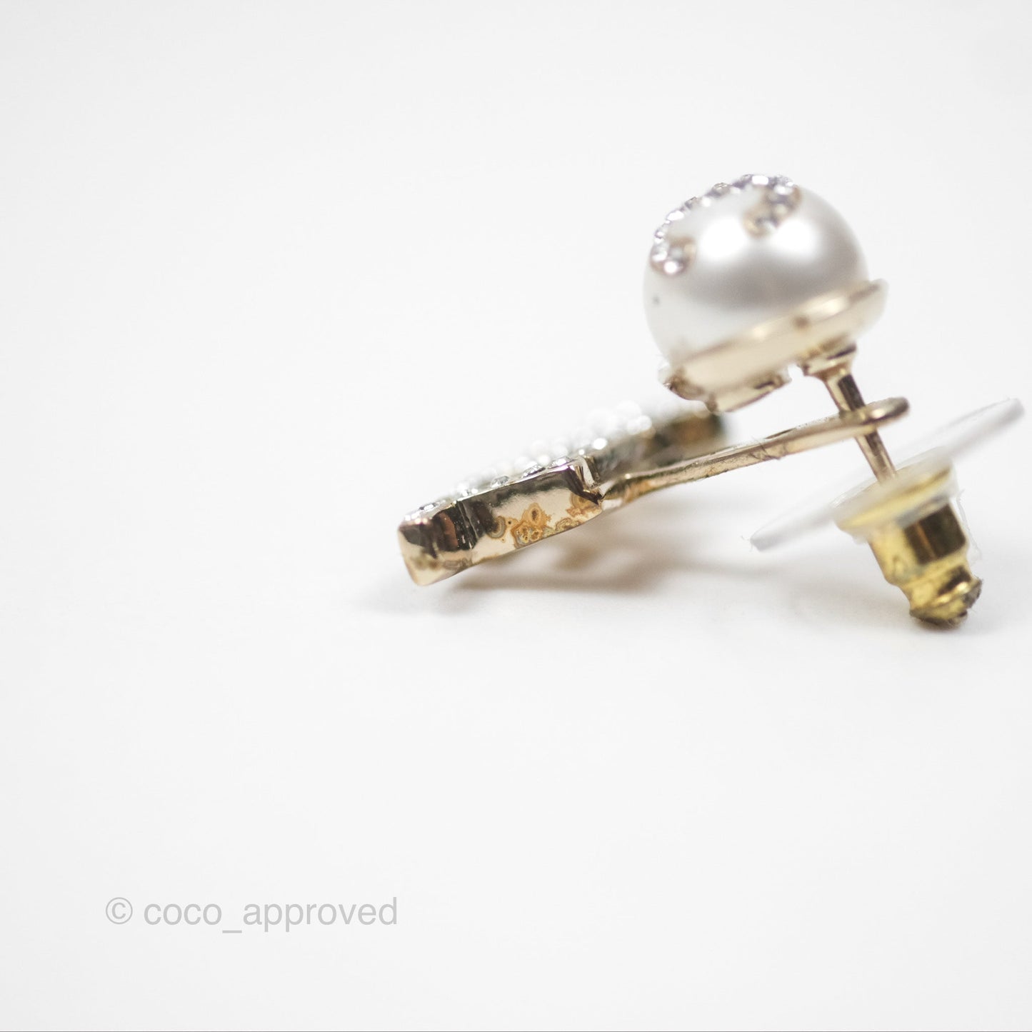 Chanel CC Pearl Rhinestone Earrings Gold Tone 21A