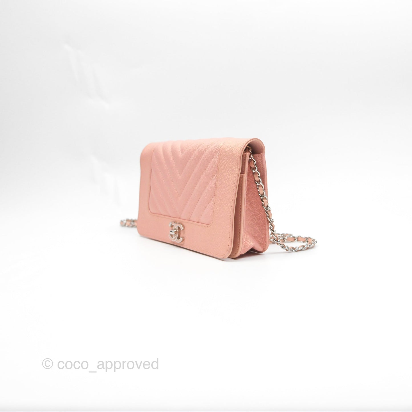 Chanel Mademoiselle Wallet On Chain WOC Chevron Iridescent Pink Caviar Silver Hardware