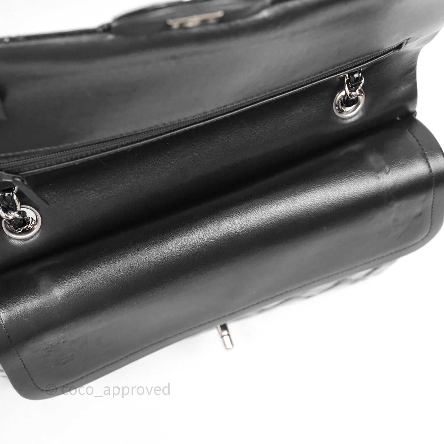 Chanel Medium Classic Flap Quilted Black Patent Silver Hardware
