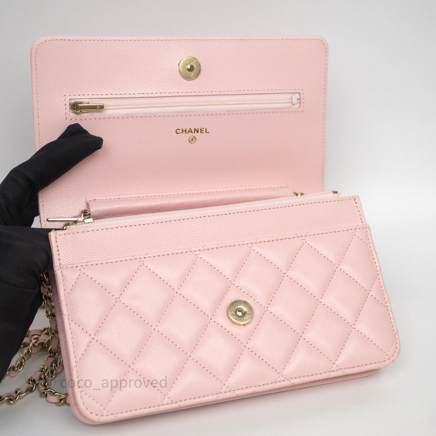 Chanel Classic Quilted Wallet on Chain WOC Light Pink Caviar Gold Hardware