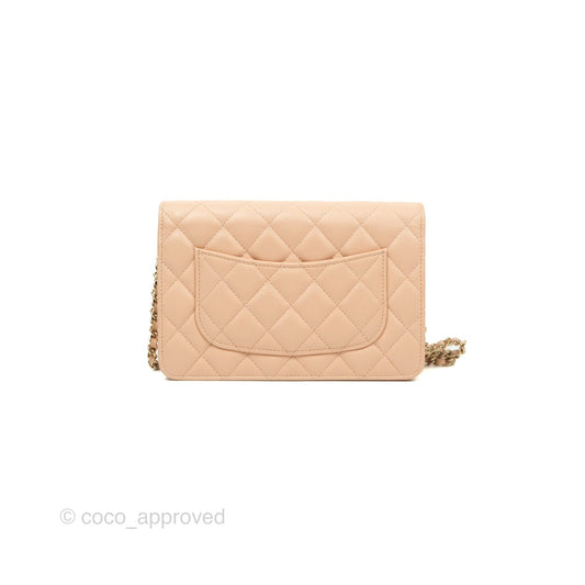 Chanel Quilted Bow Wallet On Chain WOC Light Beige Caviar Gold Hardware