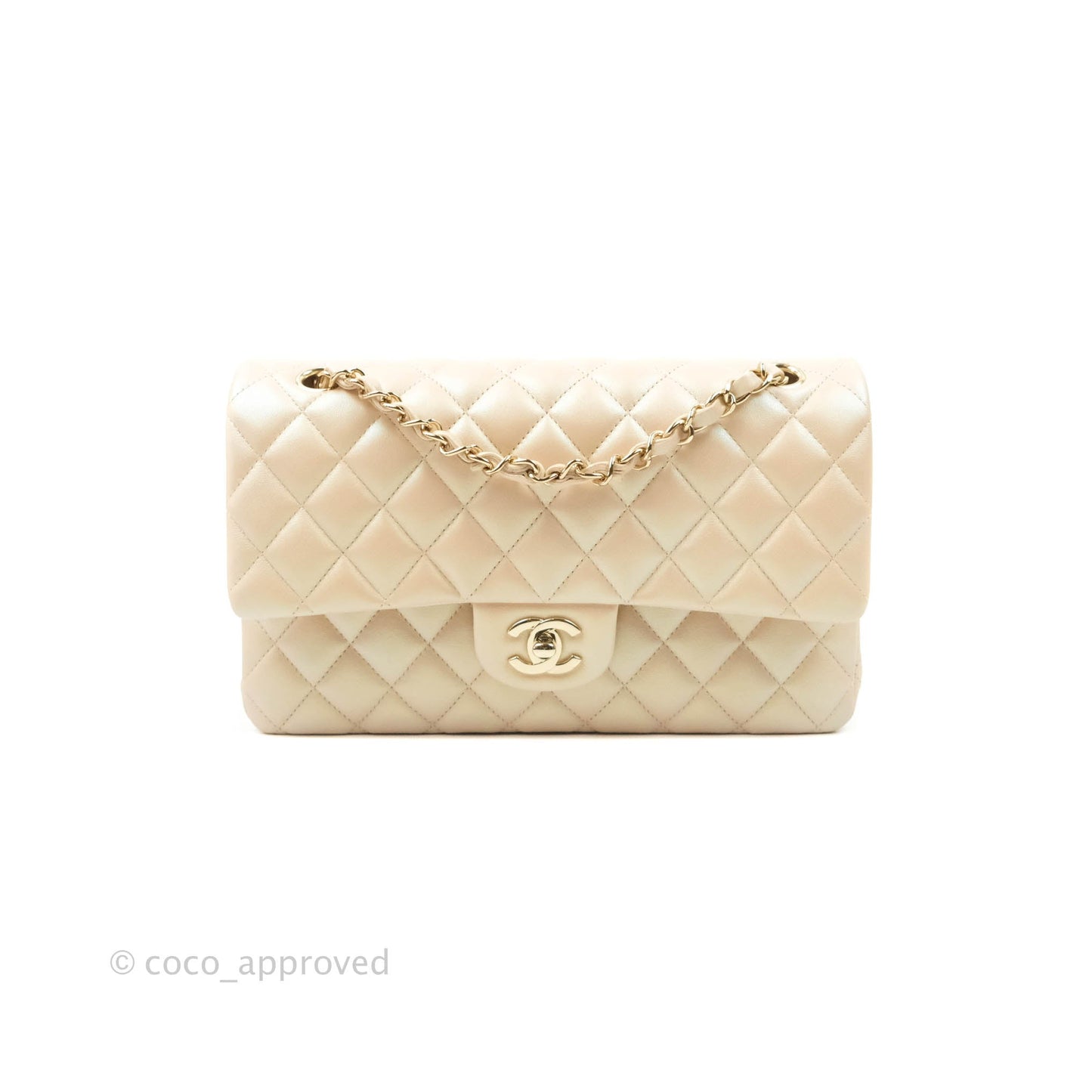 Chanel Classic M/L Medium Double Flap Iridescent Beige Calfskin Gold Hardware 21S