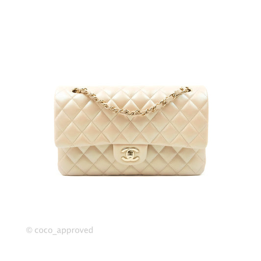 Chanel Classic M/L Medium Double Flap Iridescent Beige Calfskin Gold Hardware 21S
