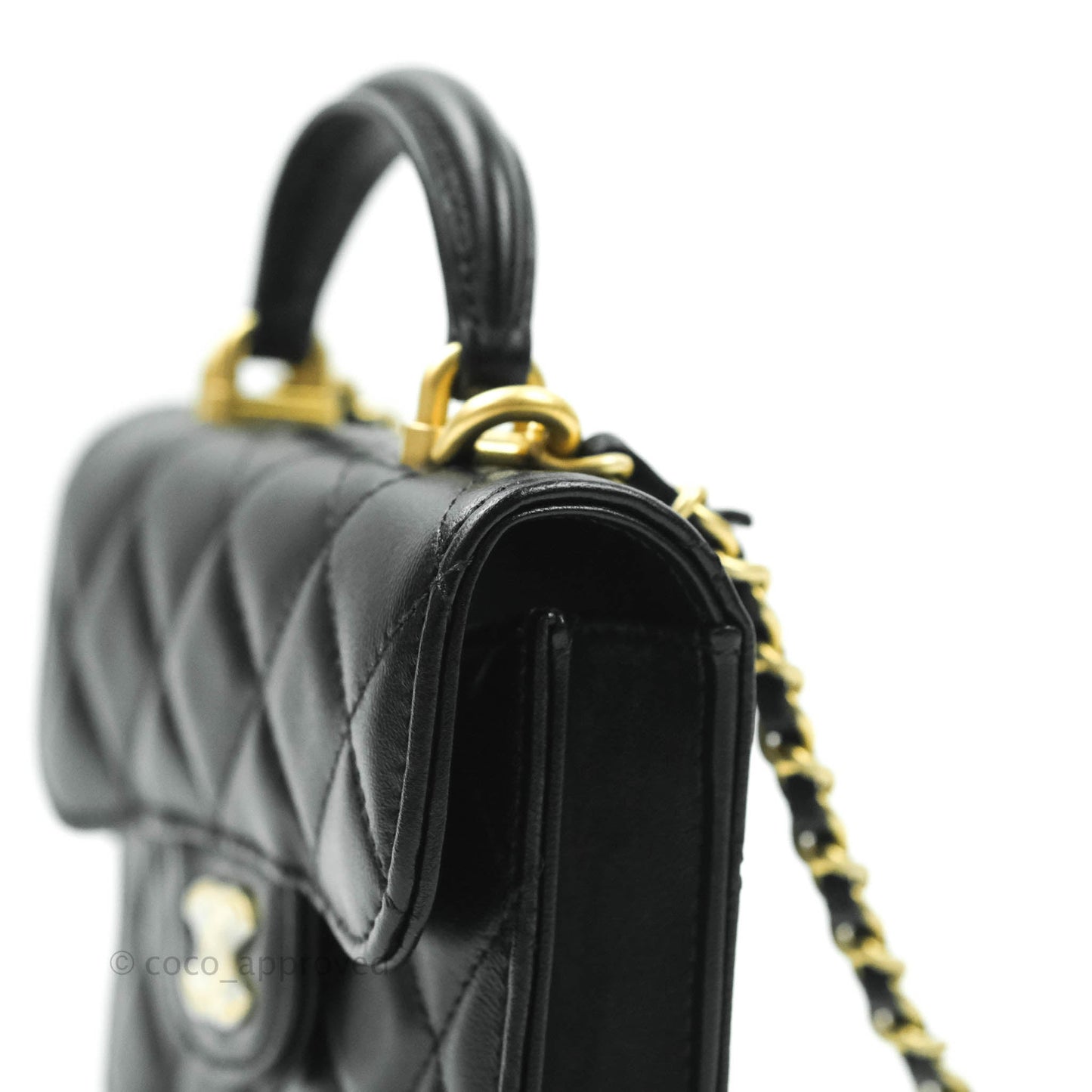 Chanel Mini Handle Flap Coin Purse With Chain Black Lambskin Gold Hardware