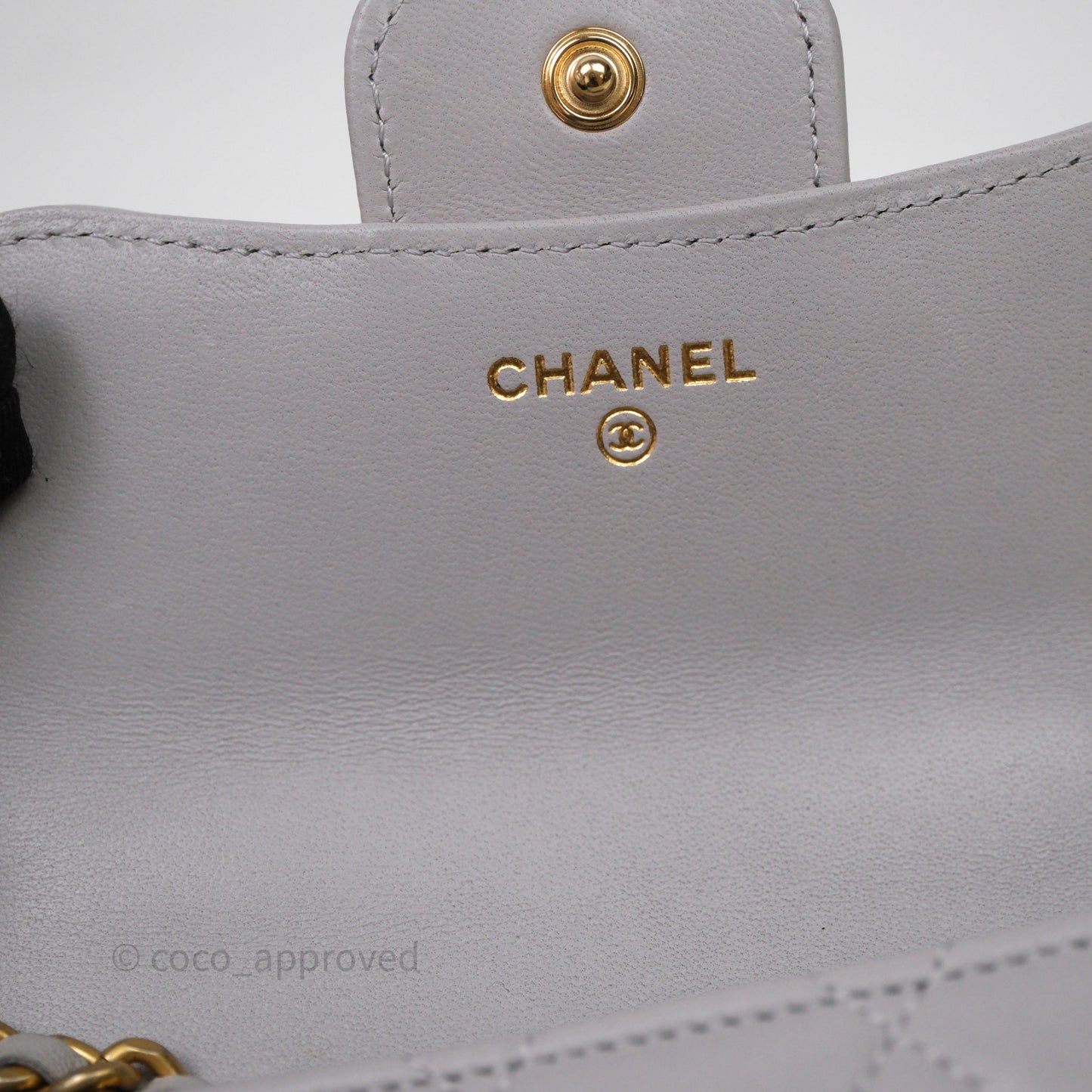 Chanel Mini Handle Flap Coin Purse With Chain Grey Lambskin Aged Gold Hardware