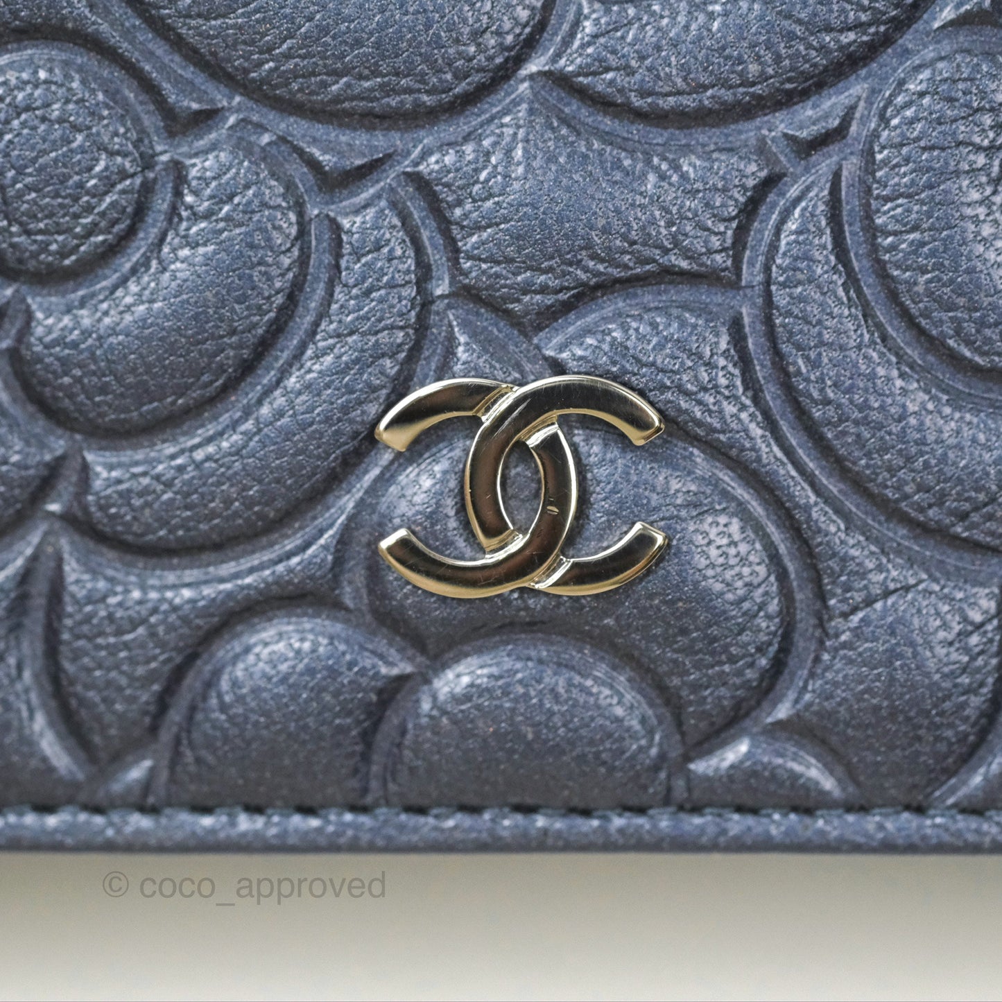 Chanel Camellia Wallet on Chain WOC Iridescent Navy Calfskin Silver Hardware