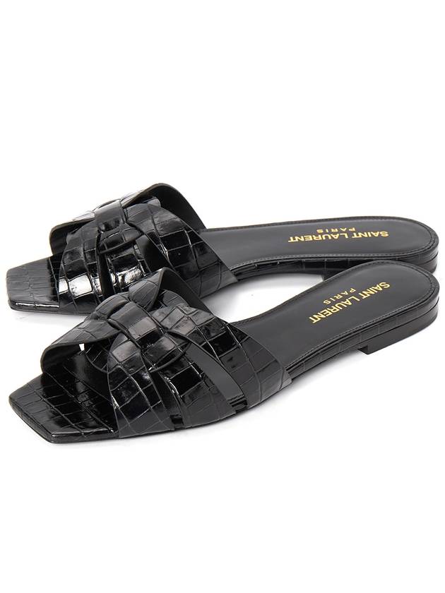 Luxury Saint Laurent Tribute Crocodile Embossed Shiny Leather Mules Black
