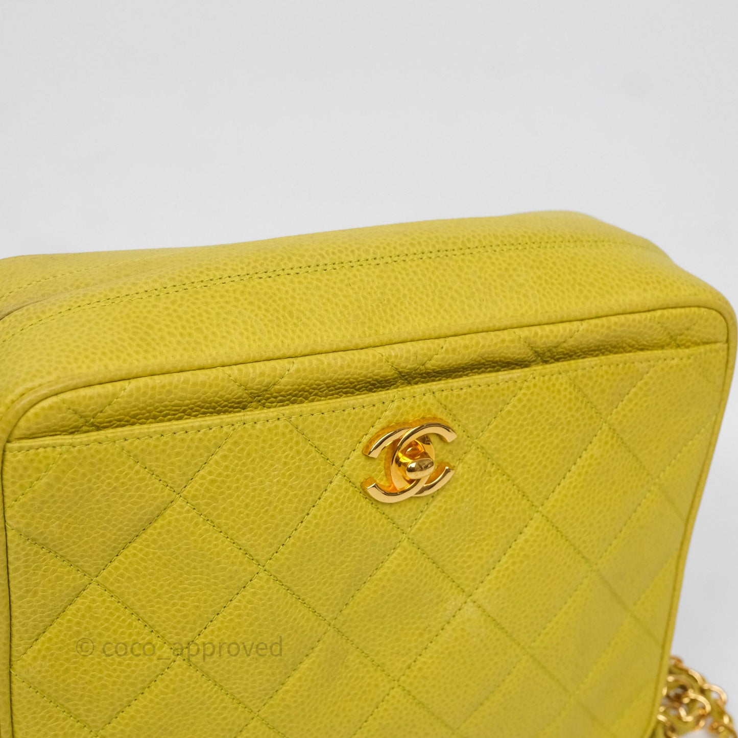 Chanel Vintage Quilted Camera Bag Green Yellow Caviar Gold Hardware