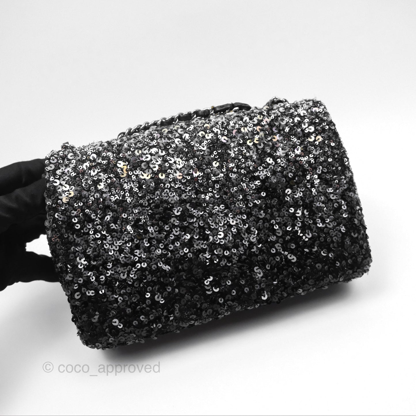 Chanel Flap Bag Sequin Black Silver Hardware 23S