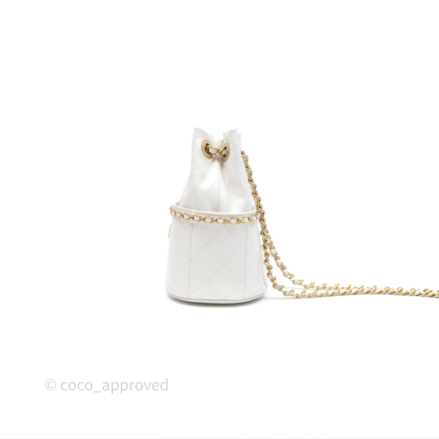 Chanel Mini Bucket Bag White Shiny Lambskin Aged Gold Hardware 25C