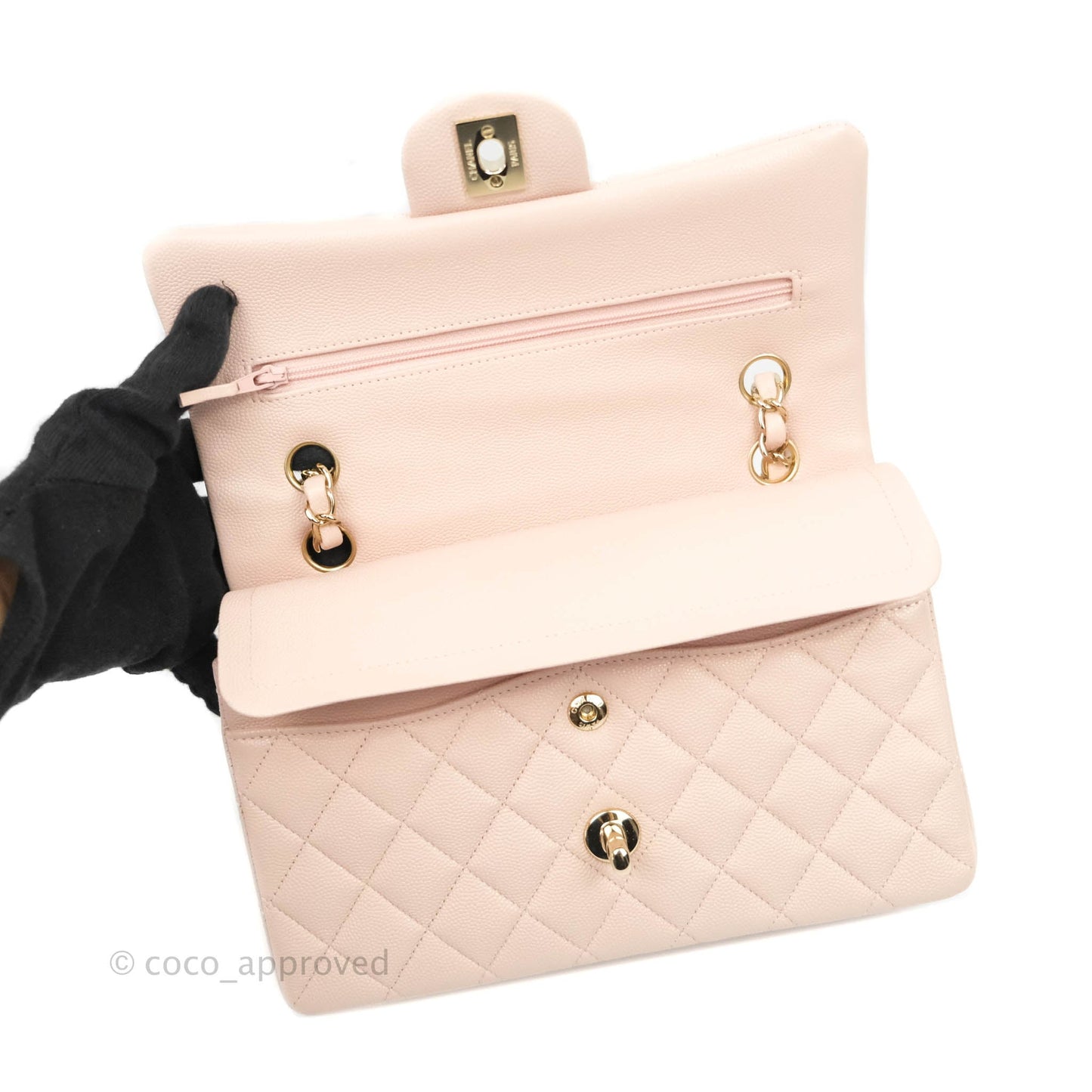 Chanel Classic Small S/M Flap Rose Clair Pink Caviar Gold Hardware 21C