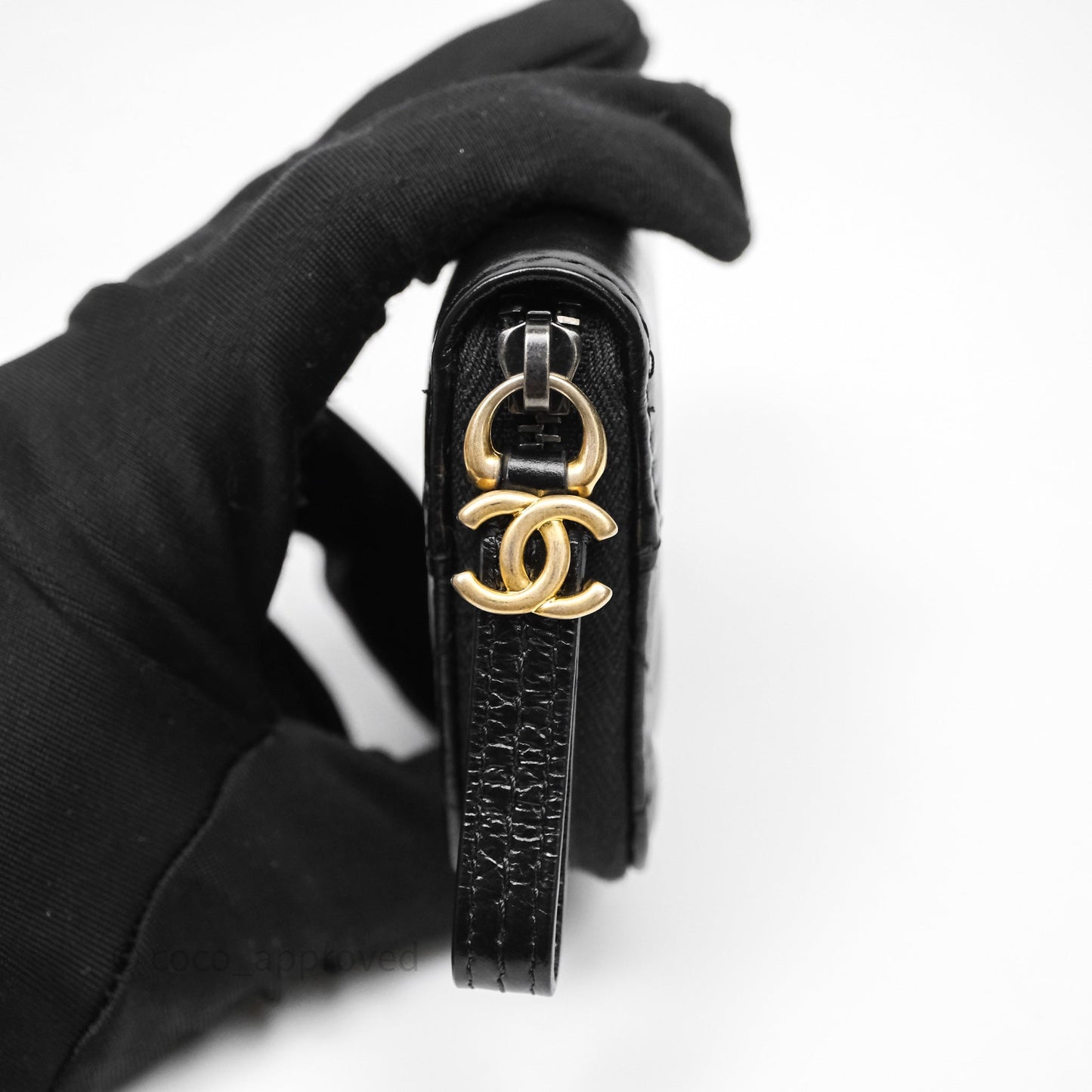 Chanel Quilted Gabrielle Zip Coin Purse Black Lambskin Aged Gold Hardware