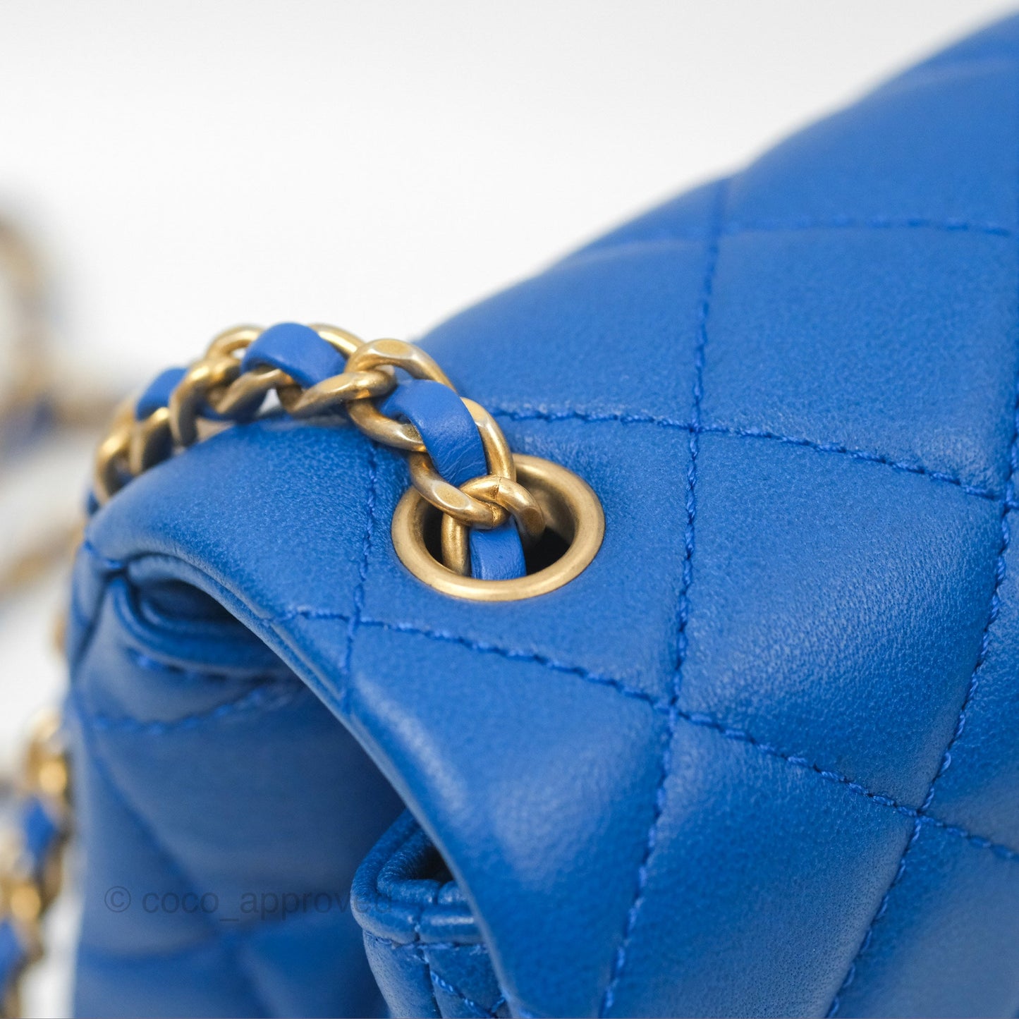 Chanel Pearl Crush Mini Square Quilted Blue Lambskin Aged Gold Hardware