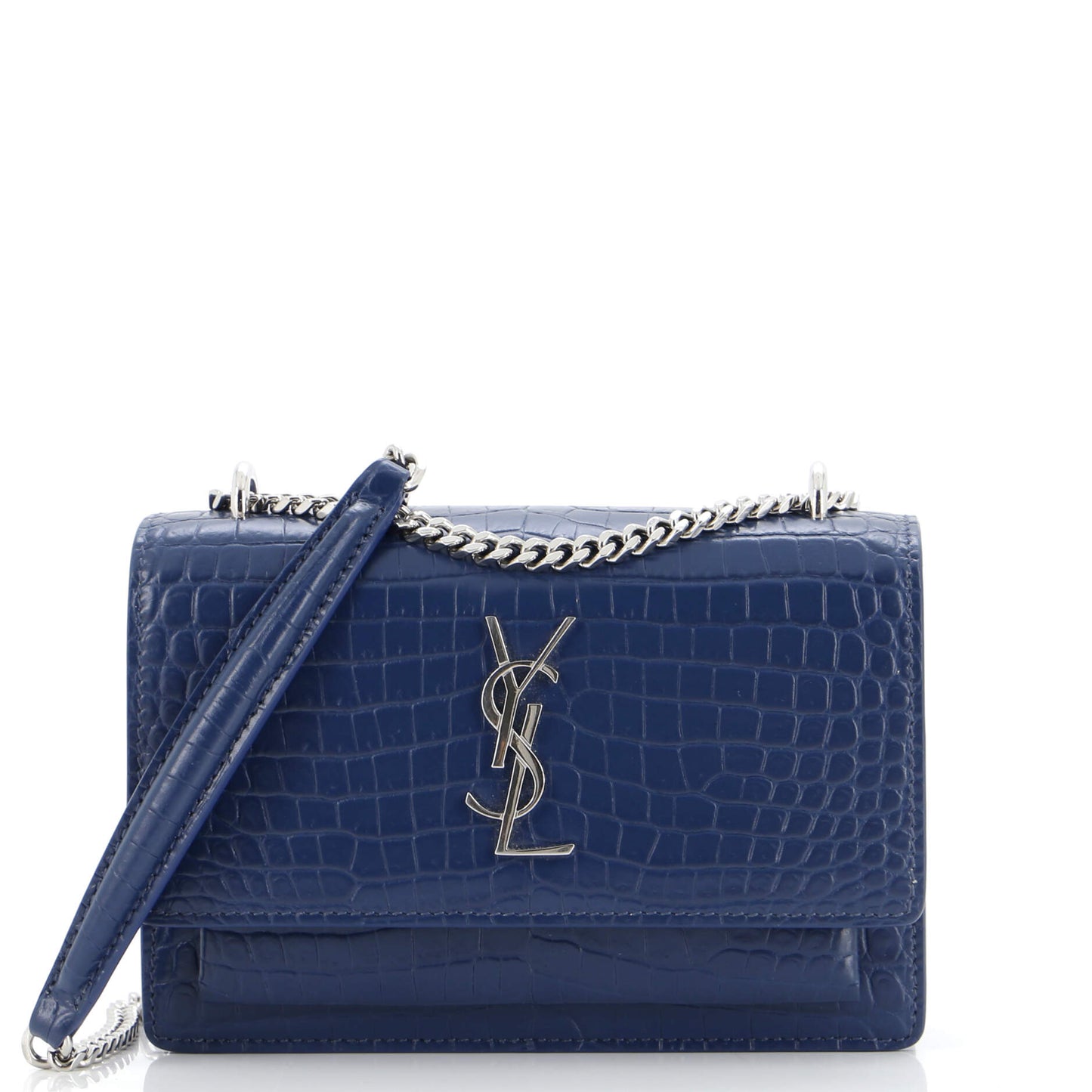 Luxury Saint Laurent Sunset Chain Wallet Crocodile Embossed Leather