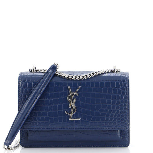 Luxury Saint Laurent Sunset Chain Wallet Crocodile Embossed Leather