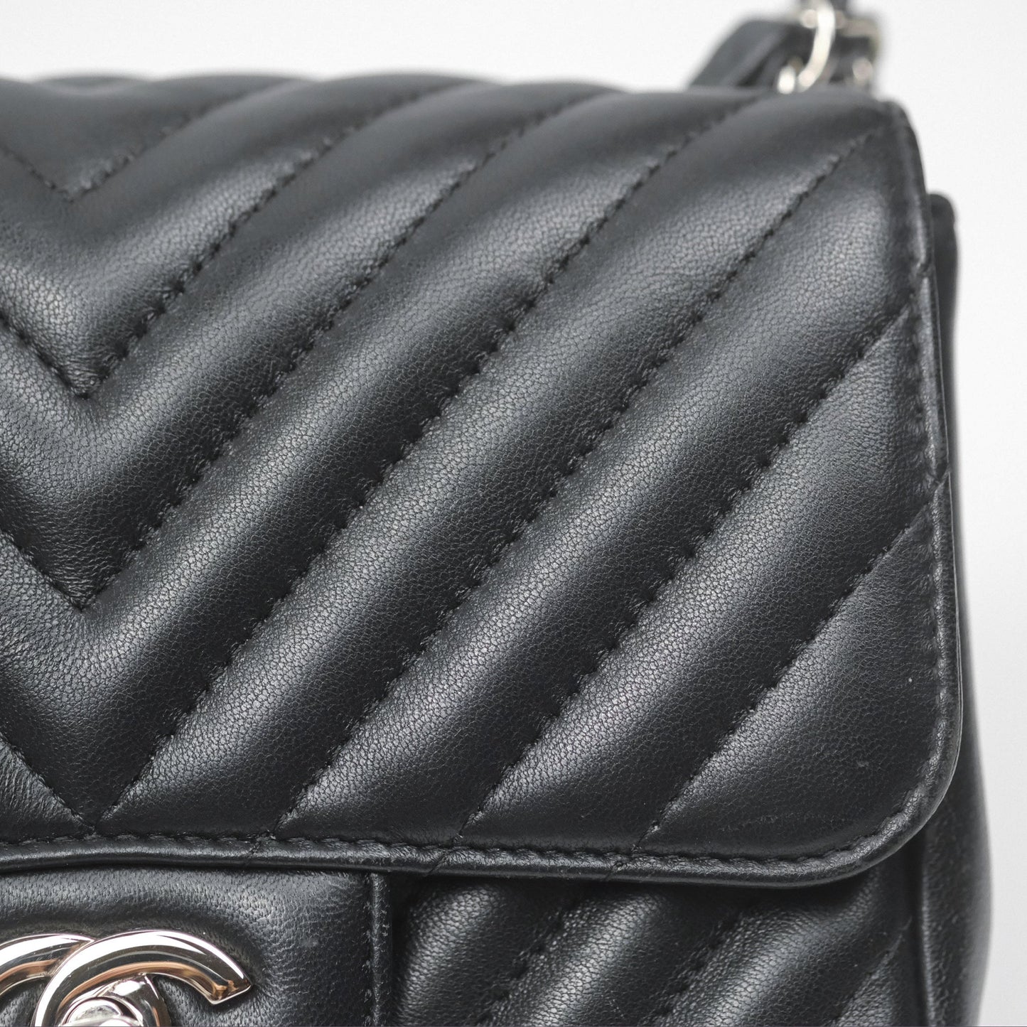 Chanel Mini Square Black Chevron Lambskin Silver Hardware