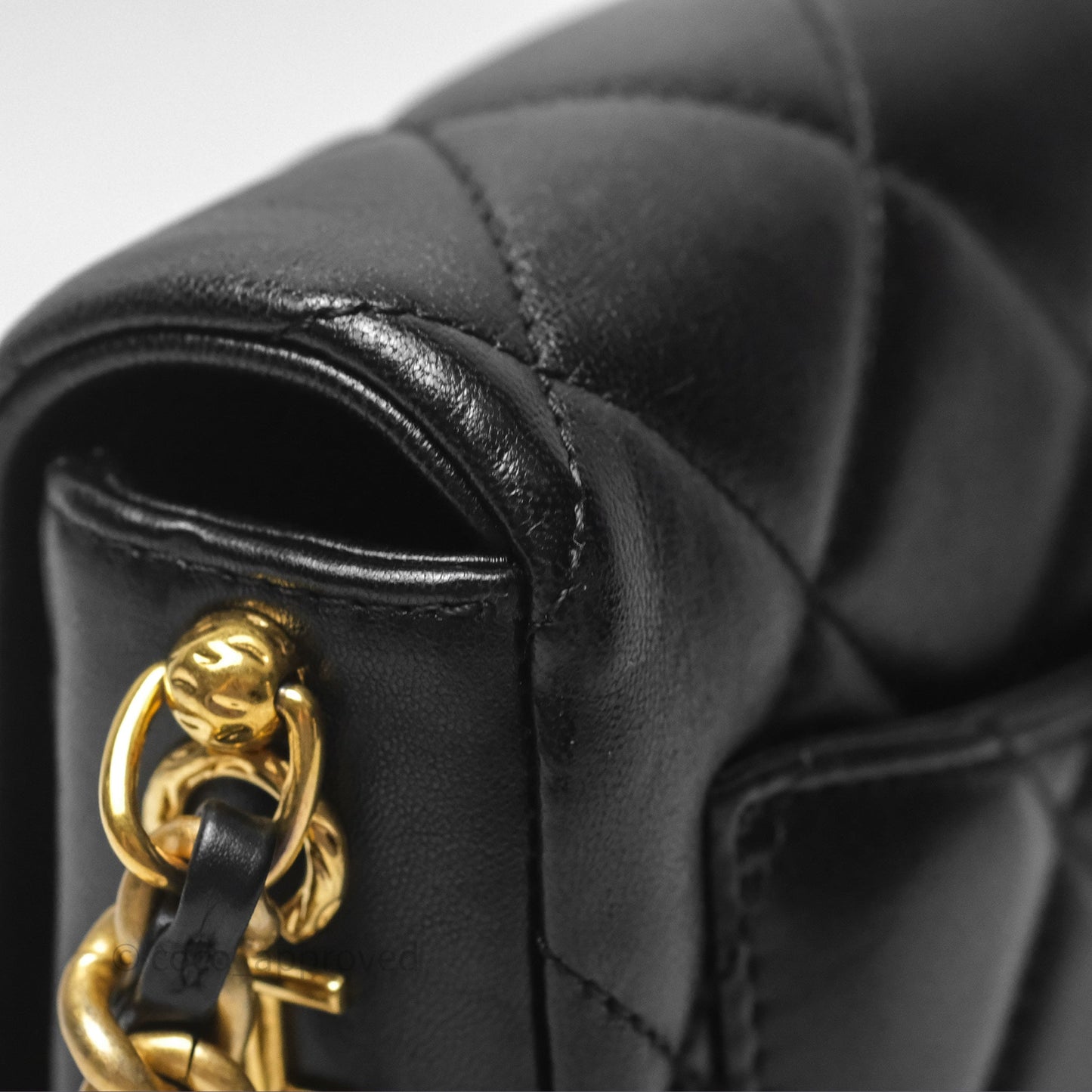 Chanel Logo Mini Square Flap Bag Black Lambskin Aged Gold Hardware 21B