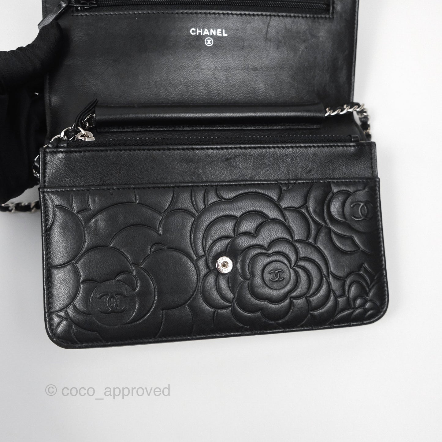 Chanel Camellia Embossed Wallet on Chain WOC Black Lambskin Silver Hardware