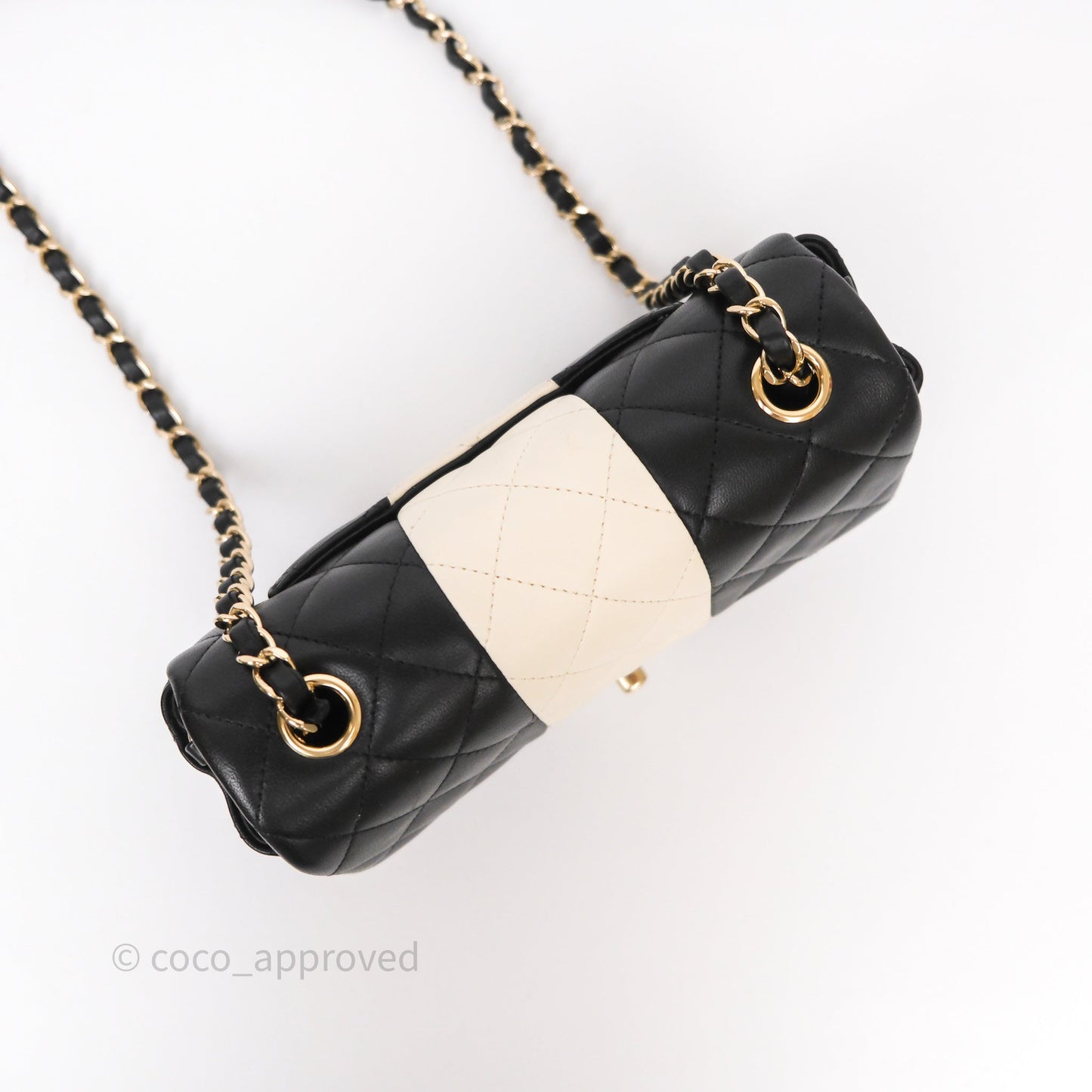 Chanel Mini Rectangular Flap Quilted Black White Lambskin Gold Hardware