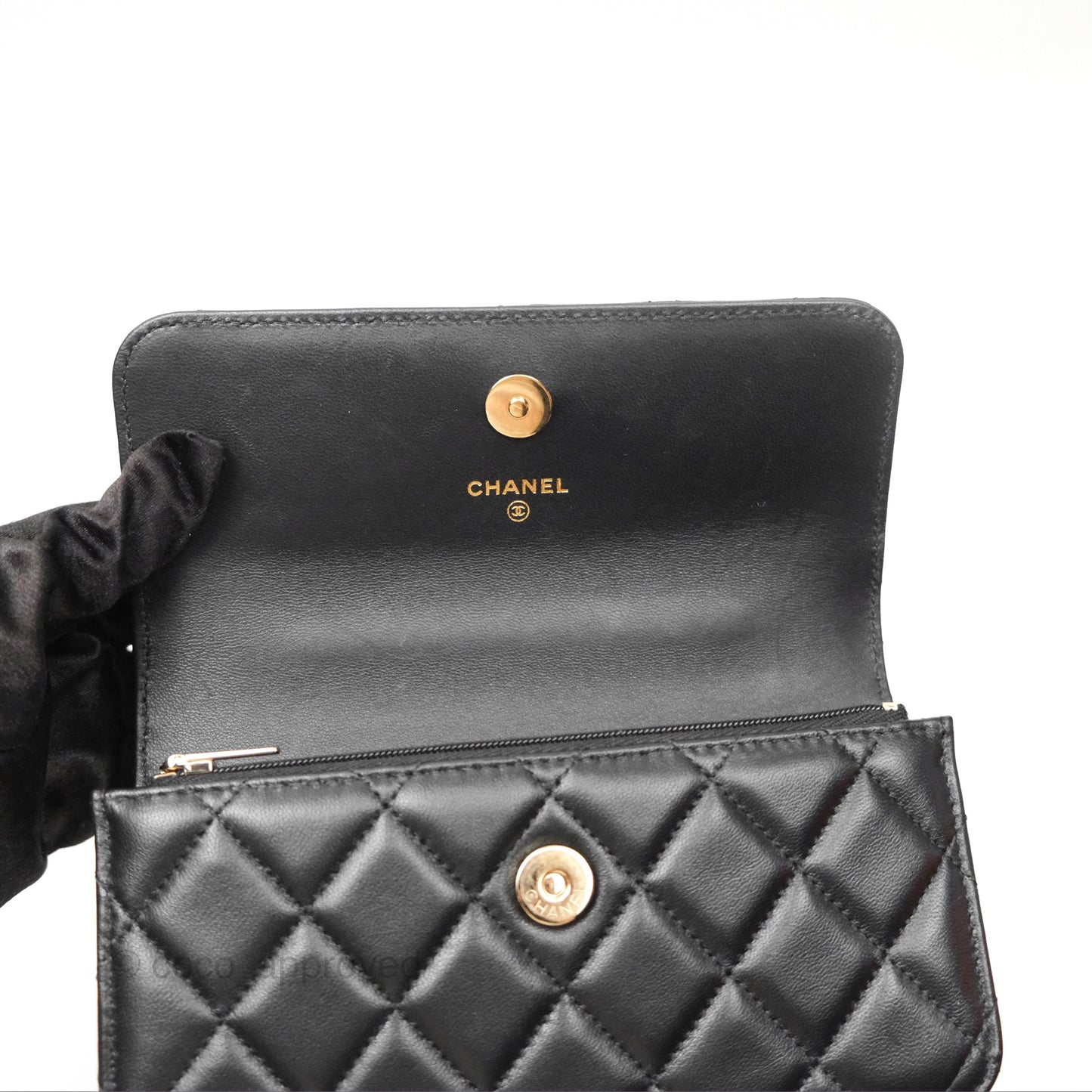 Chanel Camellia Handle Mini WOC Phone Holder with Chain Black Lambskin 23K