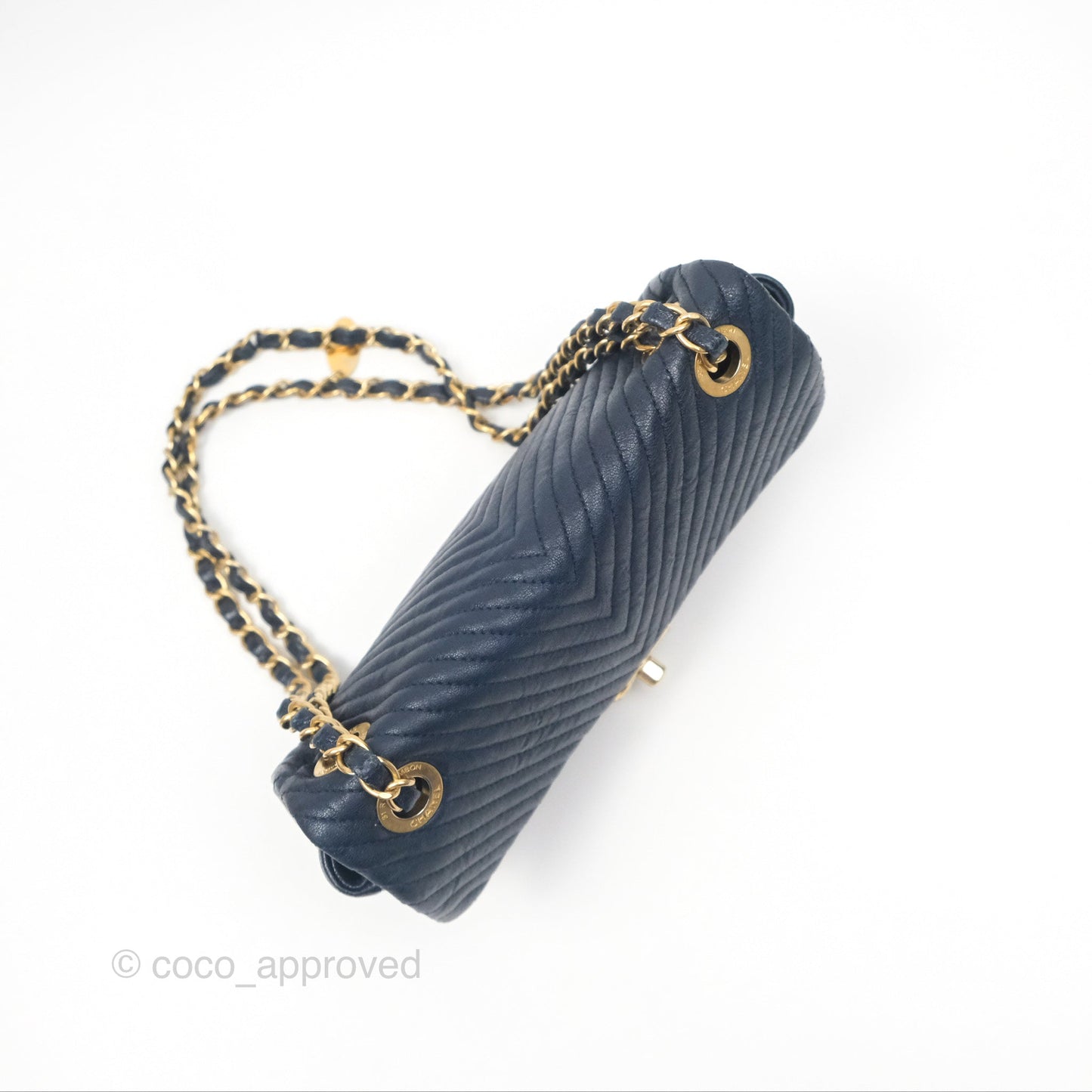 Chanel Small Chevron Surpique Flap Navy Calfskin Aged Gold Hardware