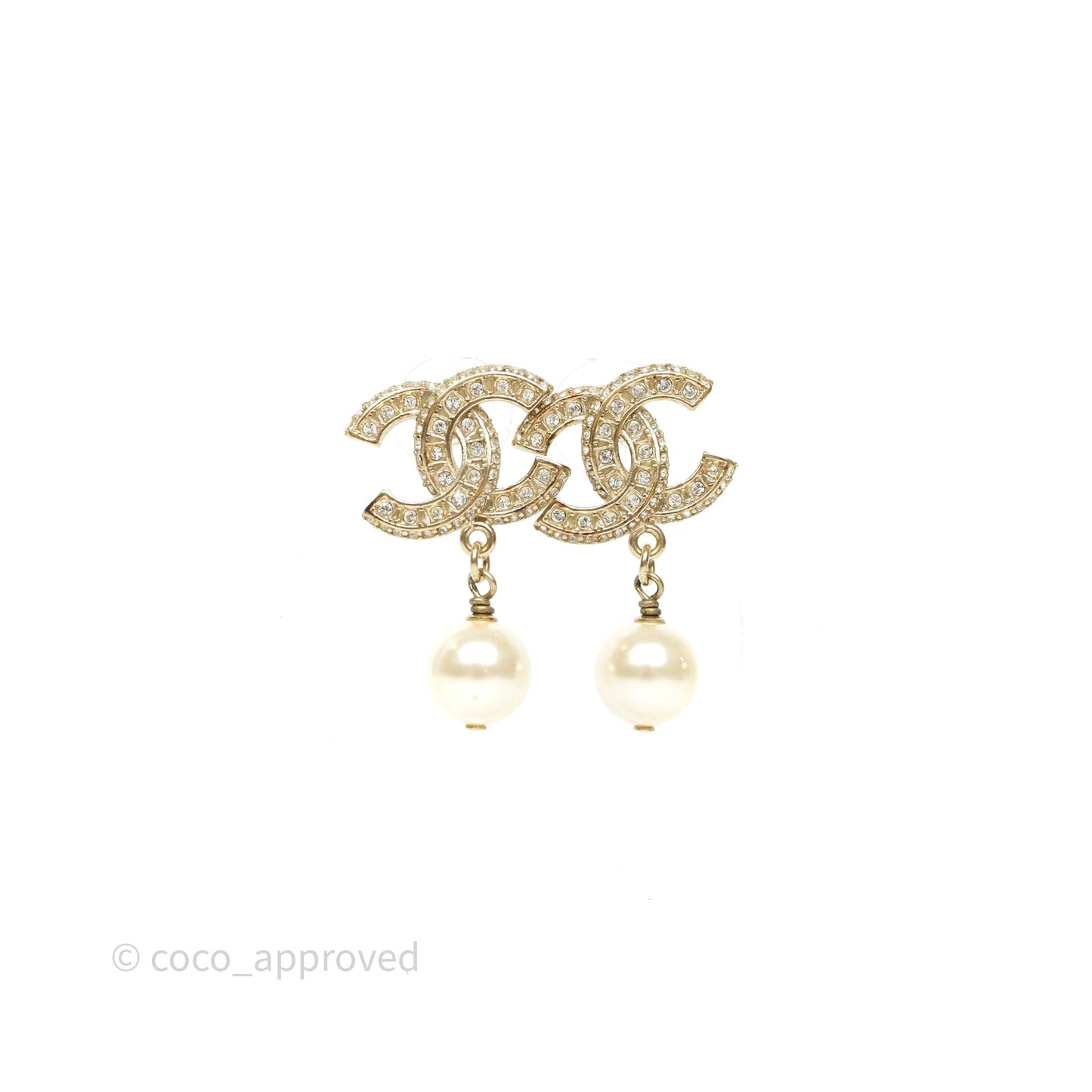 Chanel Crystal CC Pearl Drop Earrings Gold Tone 19V