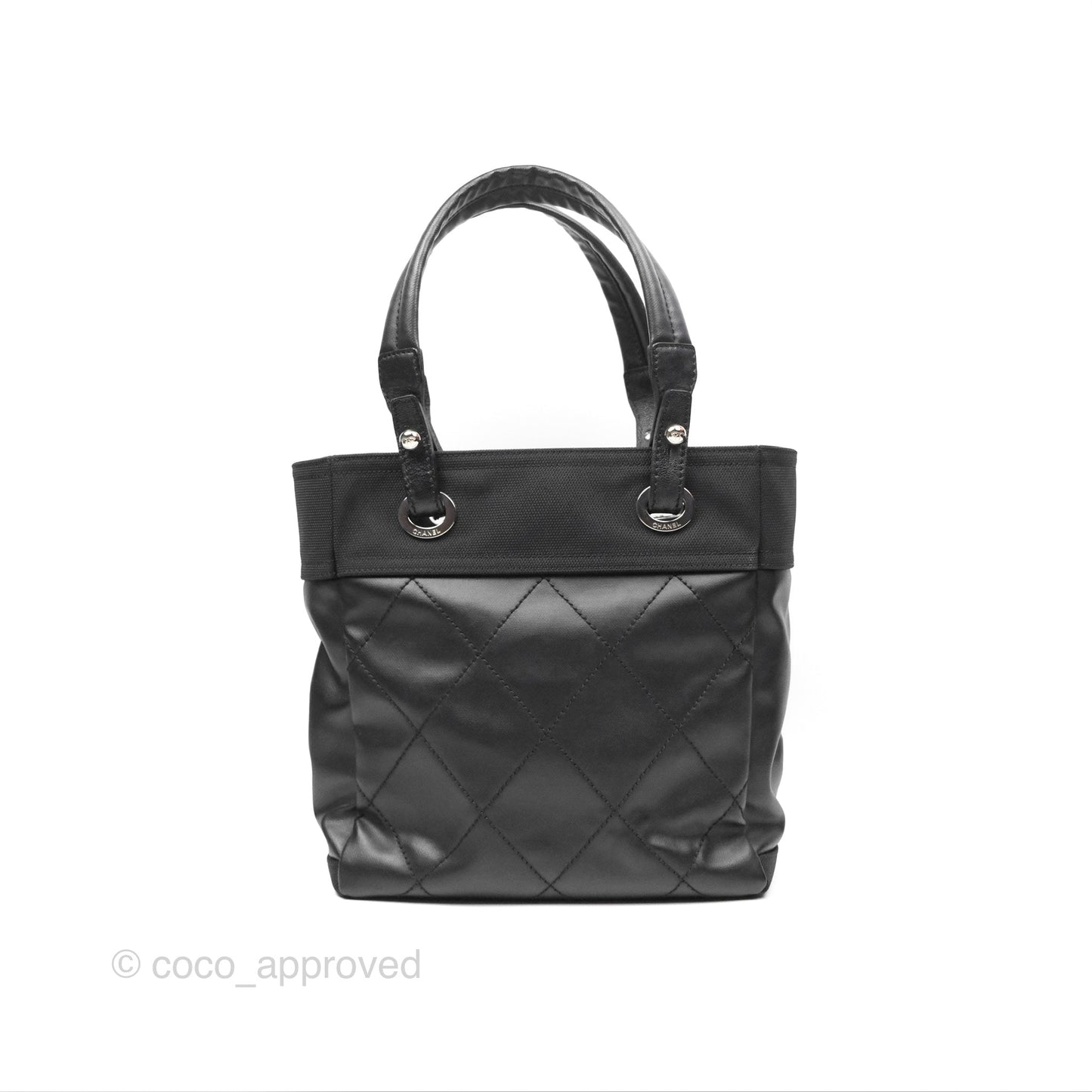Chanel Quilted Paris Biarritz Tote PM Black Coated Canvas