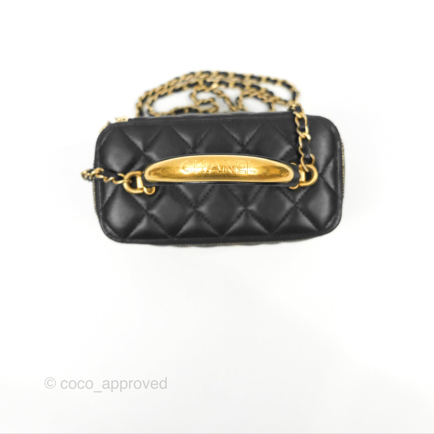 Chanel Vanity Rectangular Metal Top Handle Black Lambskin Aged Gold Hardware 22B