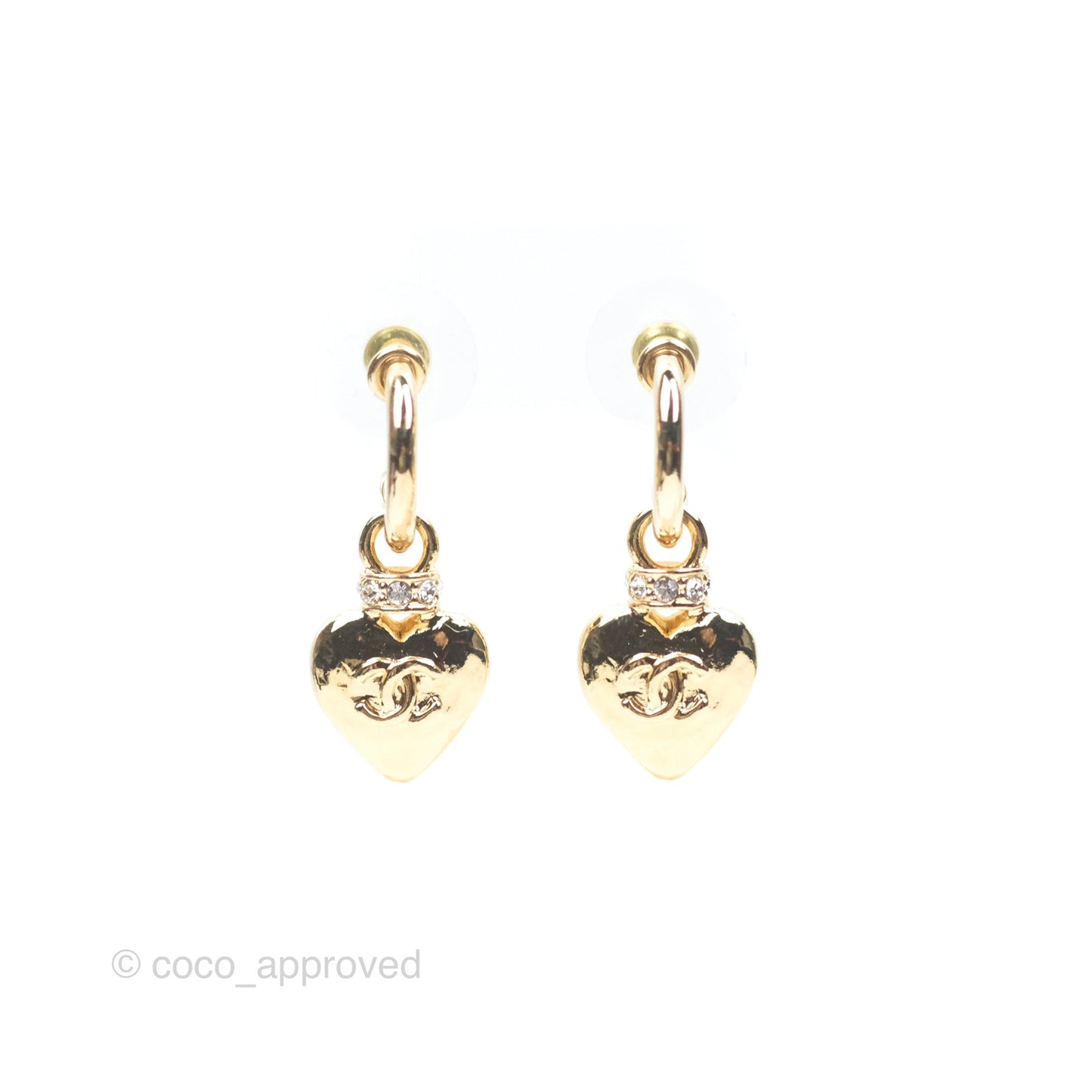 Chanel Heart CC Crystal Drop Hoop Earrings Gold Tone 24P