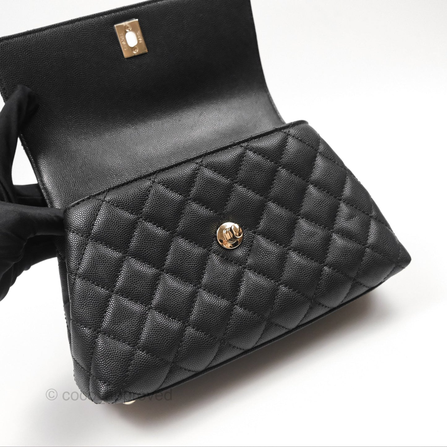 Chanel Small Coco Handle Quilted Black Caviar Gold Hardware Embossed Lizard Handle