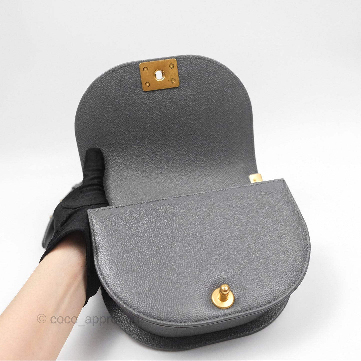 Chanel Boy Messenger Bag Grey Caviar Aged Gold Hardware
