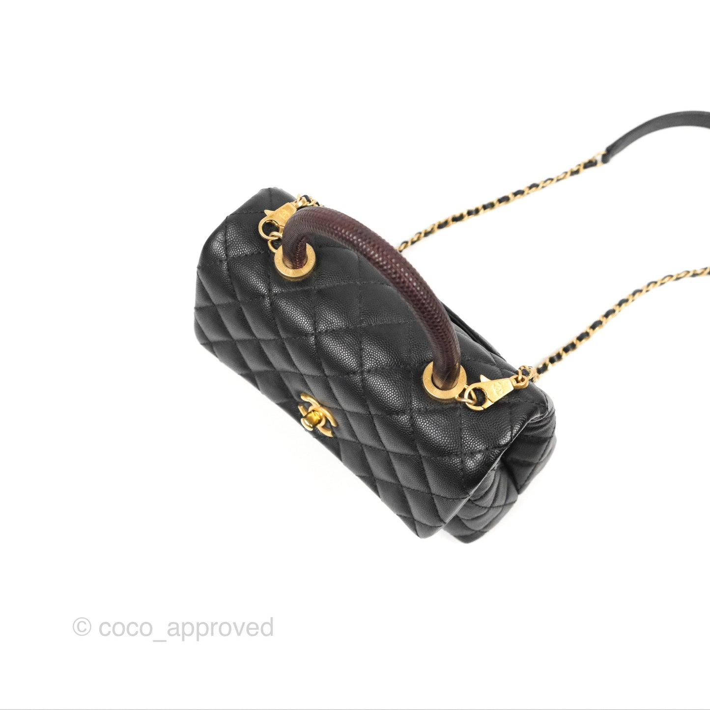 Chanel Small Coco Handle Quilted Black Caviar Aged Gold Hardware Lizard Handle