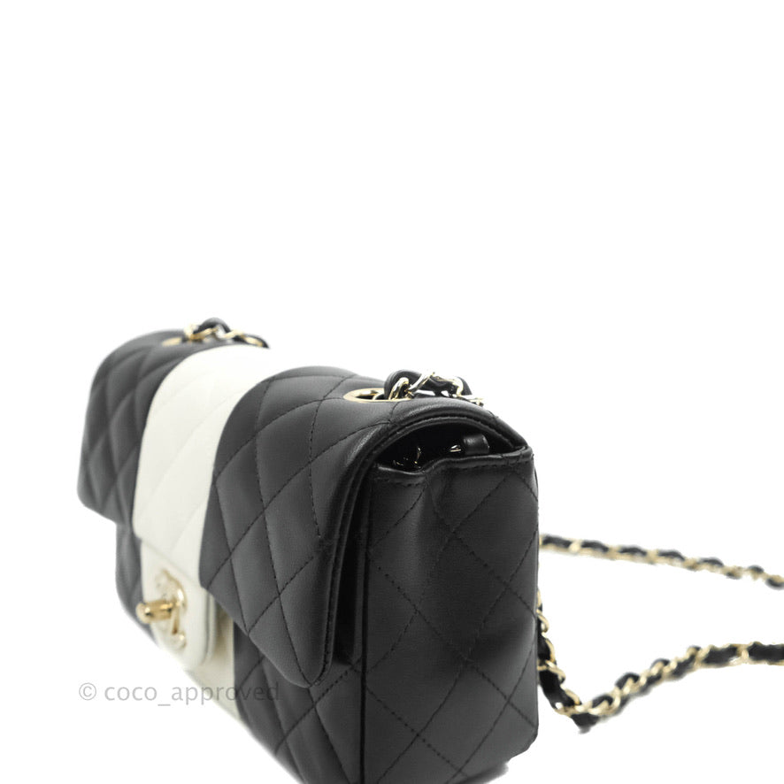 Chanel Quilted Mini Rectangular Flap Black White Lambskin Gold Hardware