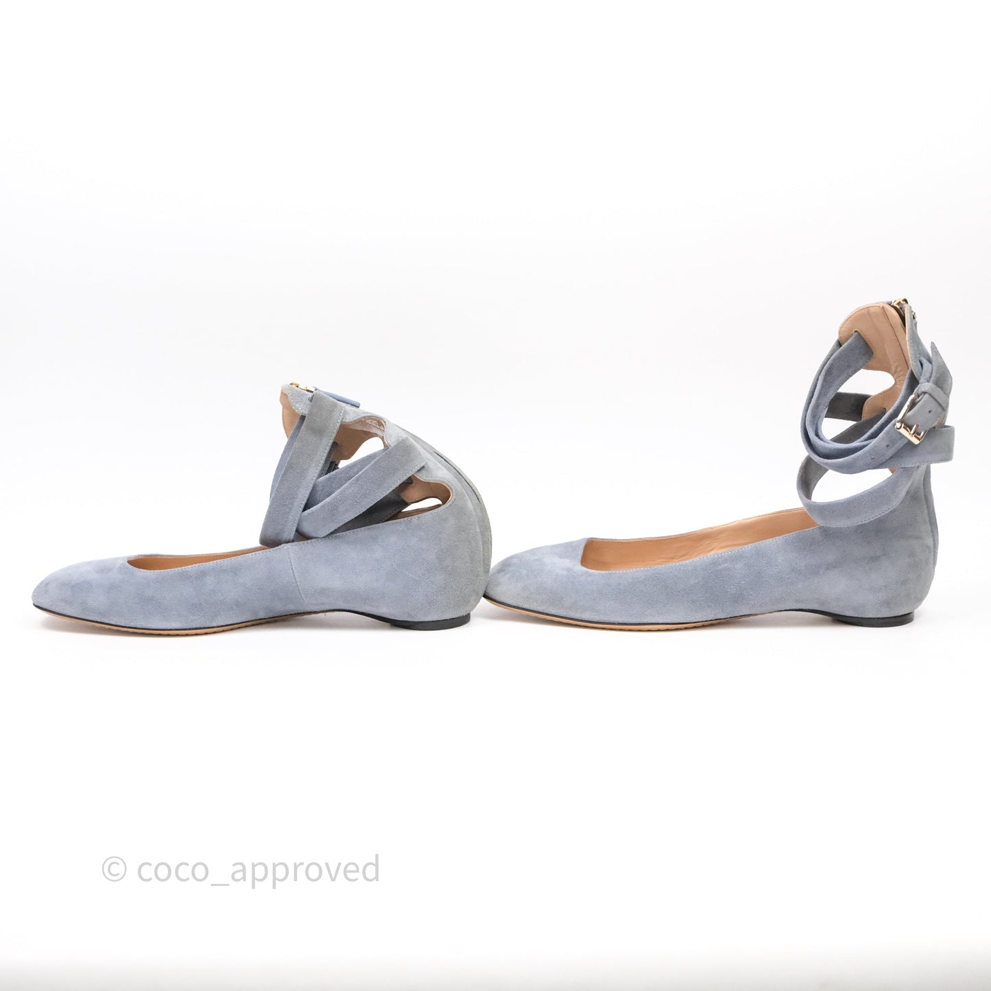 Valentino Garavani Suede Ballet Flats Tango Ankle Wrap Blue Grey Size 38