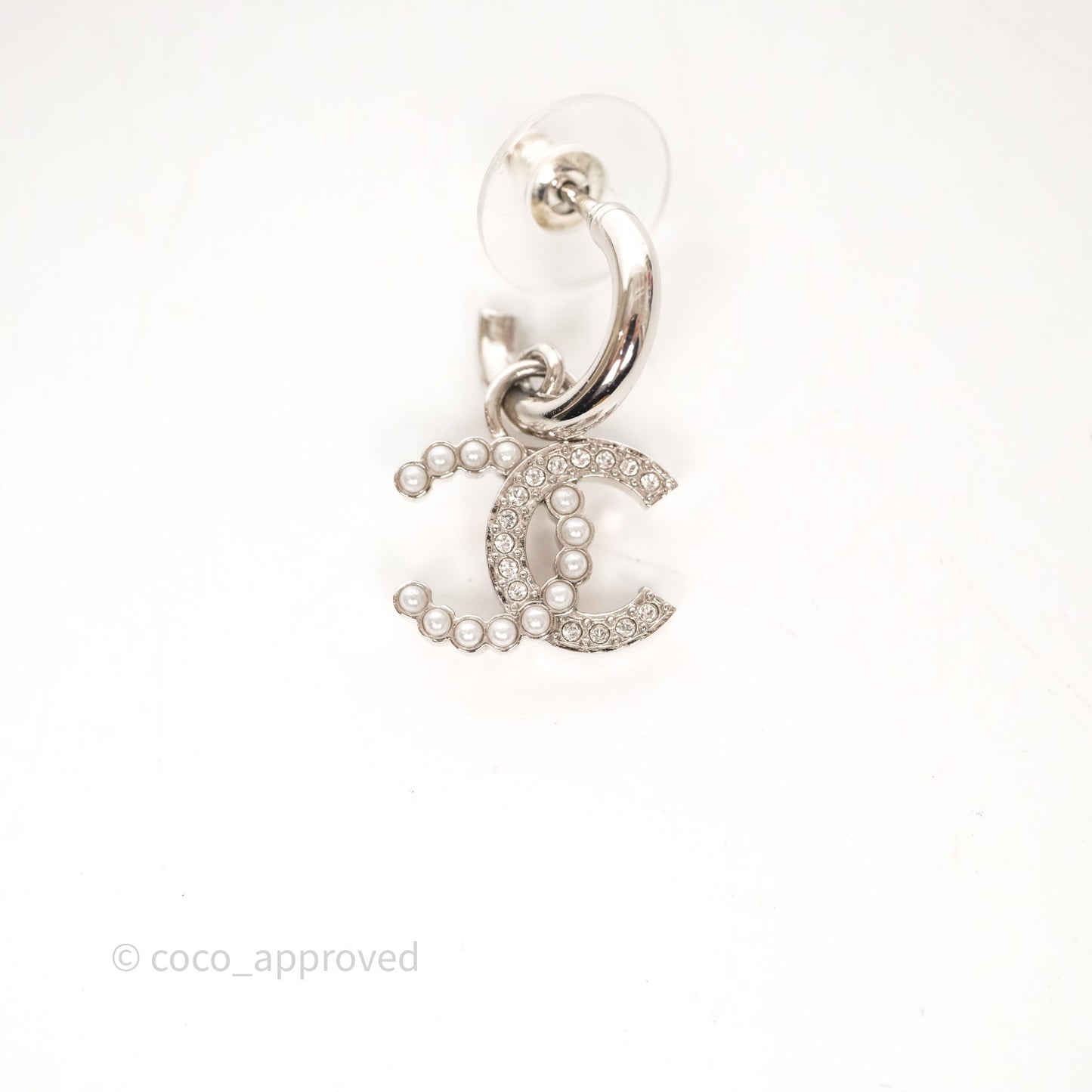 Chanel CC Crystal Pearl Drop Earrings Silver Tone 24S
