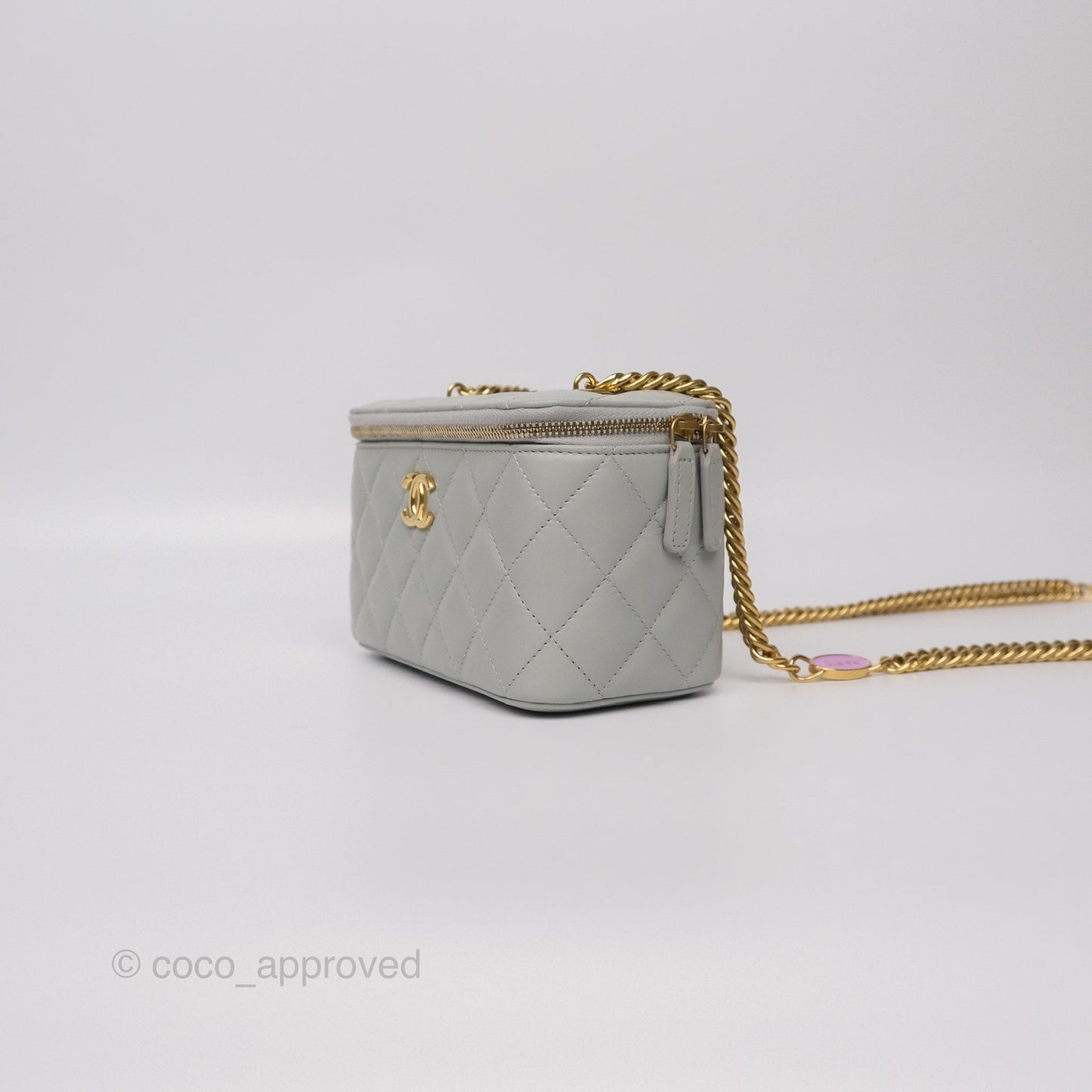 Chanel Quilted Vanity Rectangular with Chain Grey Blue Lambskin Gold Hardware