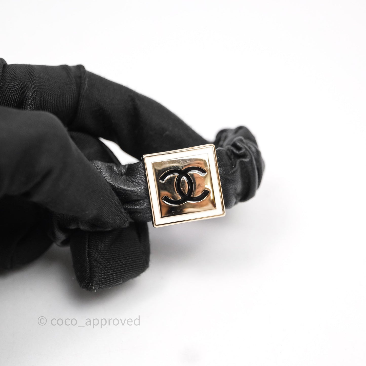 Chanel CC Black Leather Square Hair Accessory Gold Tone 21B