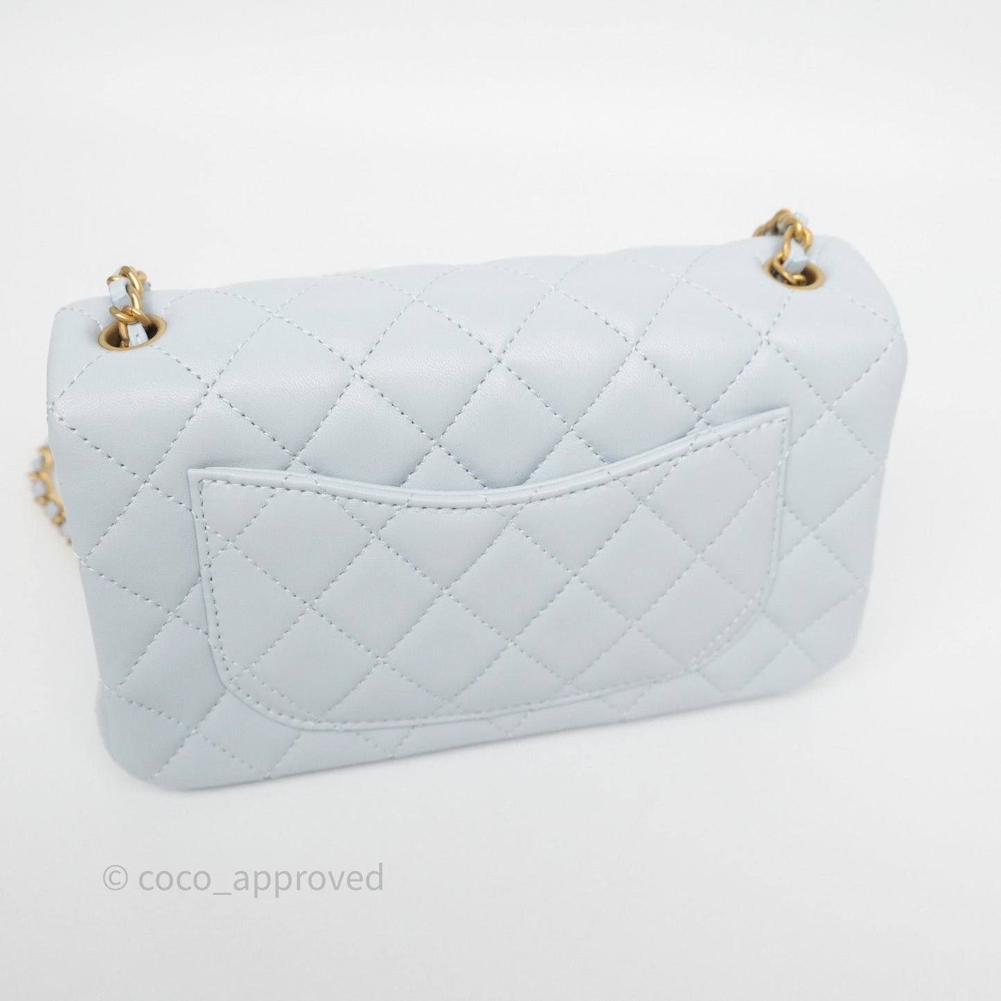 Chanel Pearl Crush Mini Rectangular Light Blue Lambskin Aged Gold Hardware