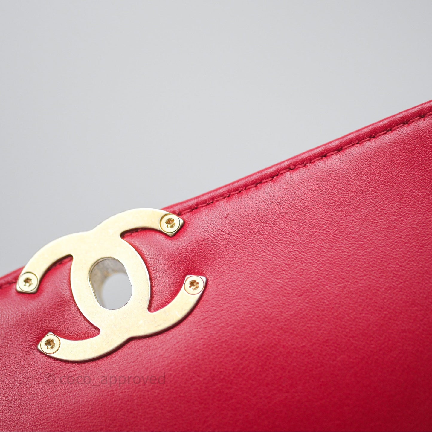 Chanel Quilted Flap Bag  with Pearl Logo Top Handle Red Lambskin Aged Gold Hardware