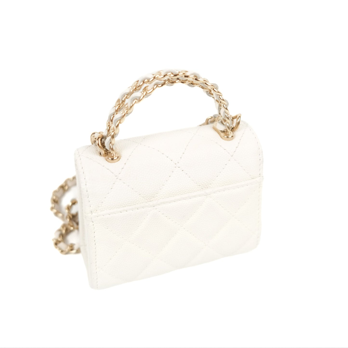 Chanel Mini Top Handle Clutch with Chain White Caviar Light Gold Hardware 23P
