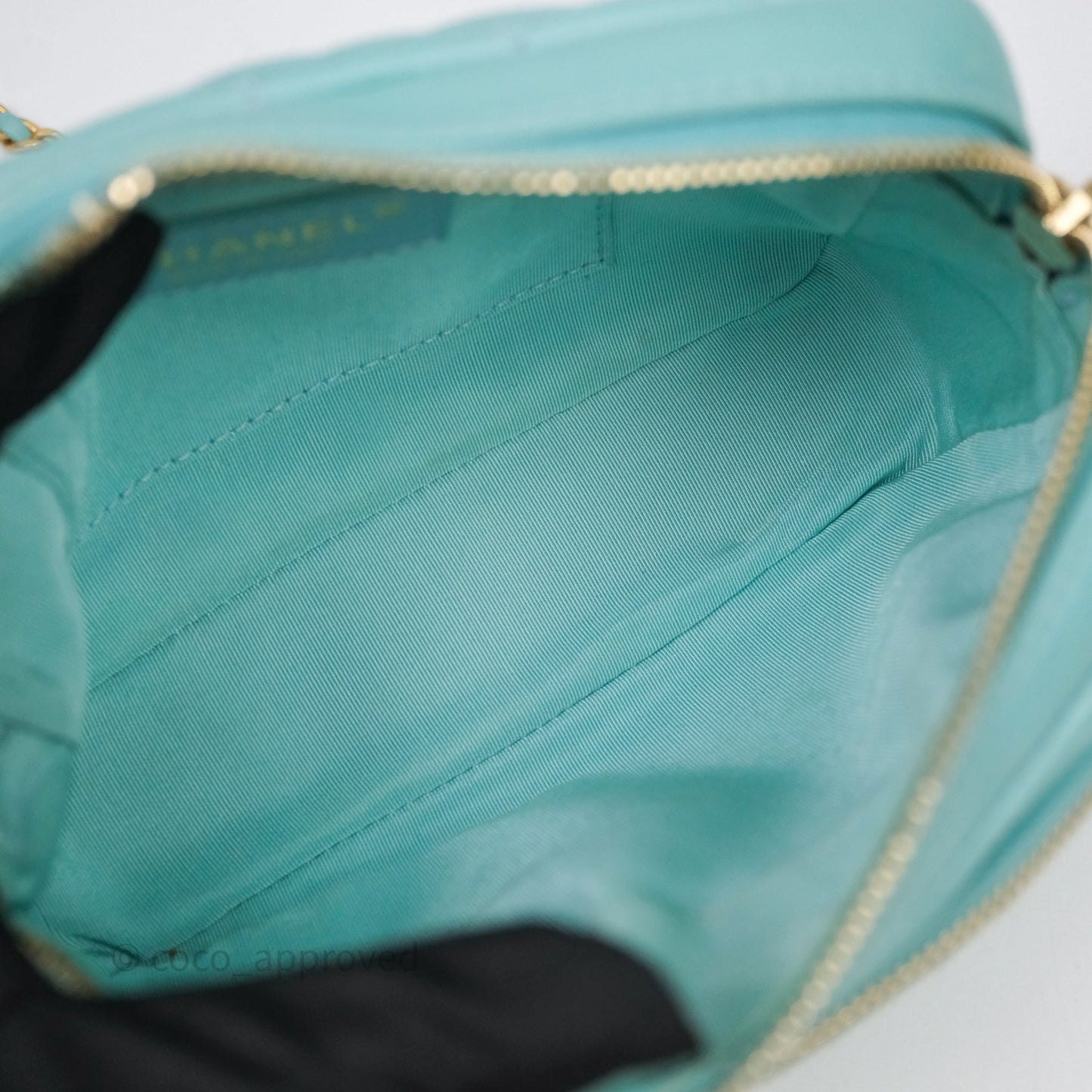 Chanel Camera Bag Quilted Pearly Turquoise Lambskin Aged Gold Hardware