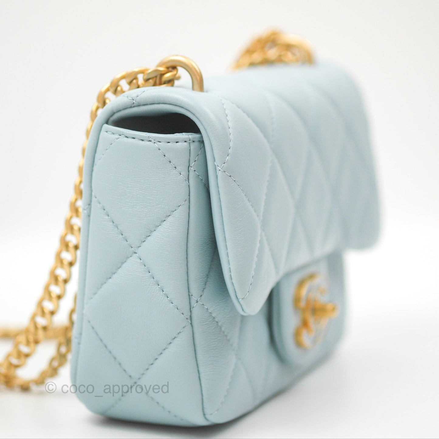 Chanel Quilted Enamel Pending CC Mini Square Flap Baby Blue Lambskin 22P