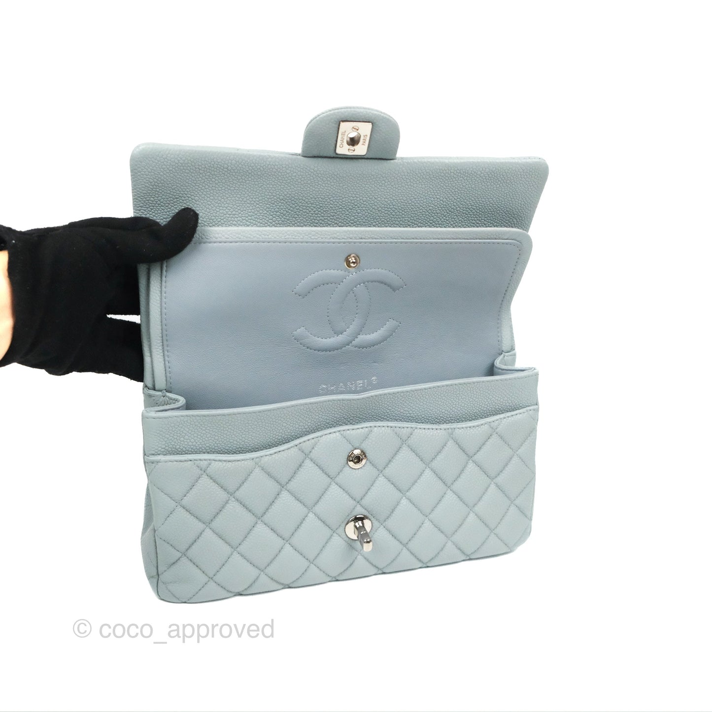 Chanel Classic M/L Medium Flap Quilted Light Grey Blue Caviar Silver Hardware