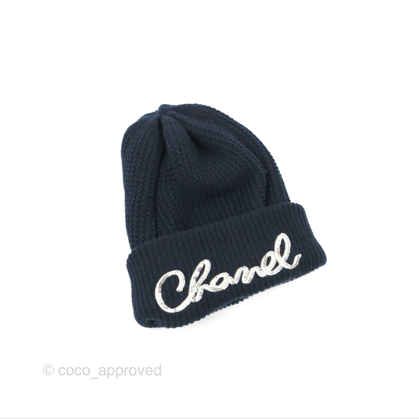 Chanel Silver Sequin Logo Navy Cashmere Beanie