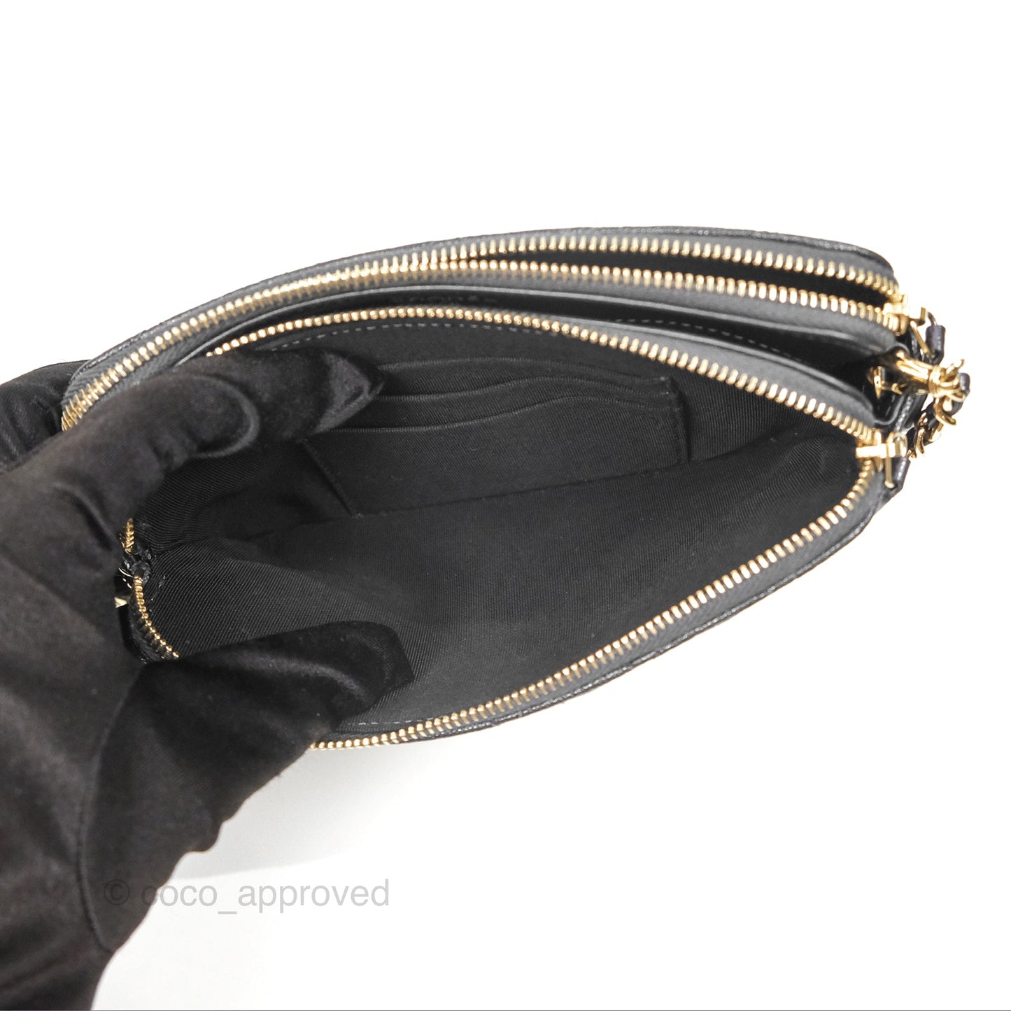 Chanel Quilted Zip Clutch With Chain Iridescent Dark Grey Caviar Gold Hardware