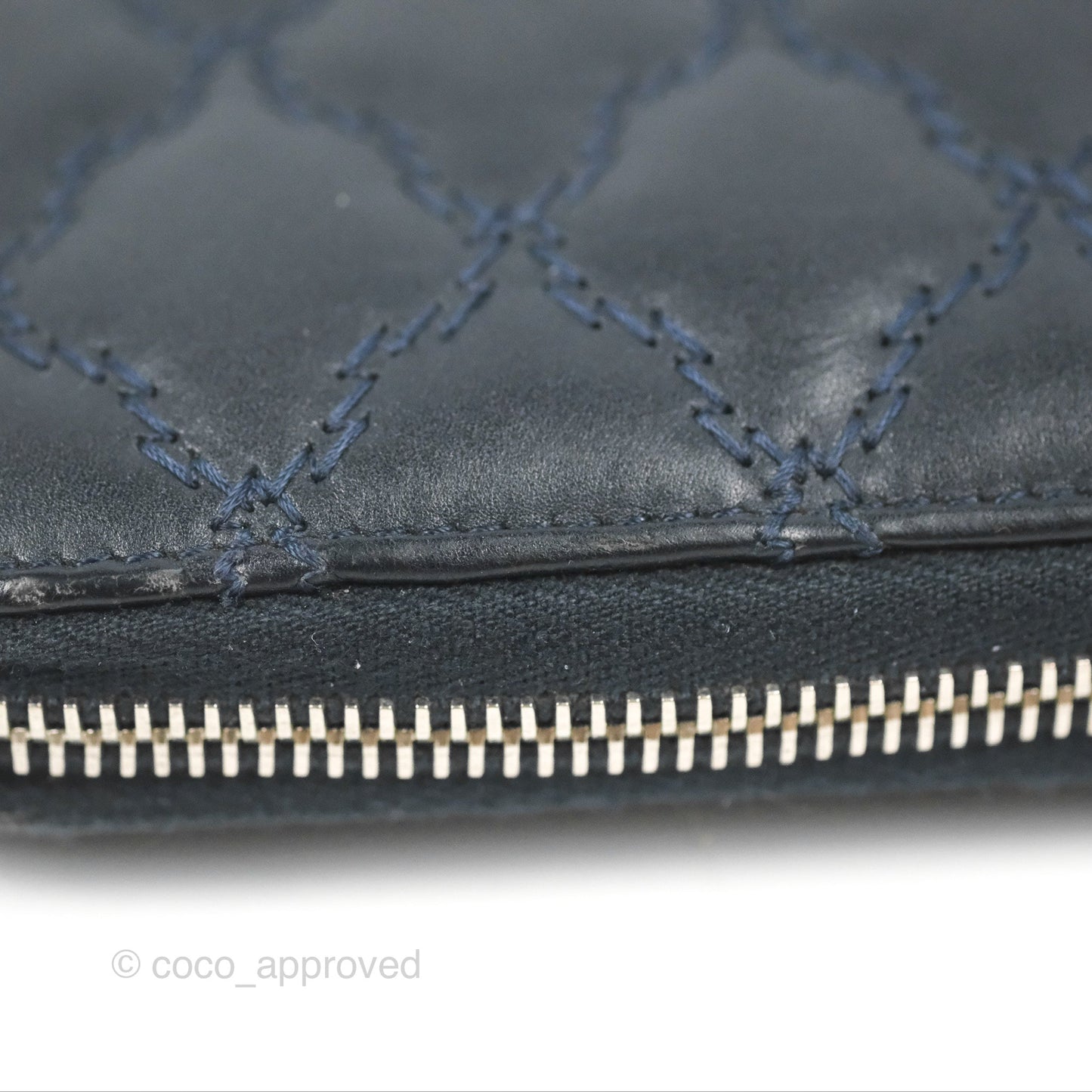 Chanel Quilted Zip Long Wallet Navy Lambskin Silver Hardware